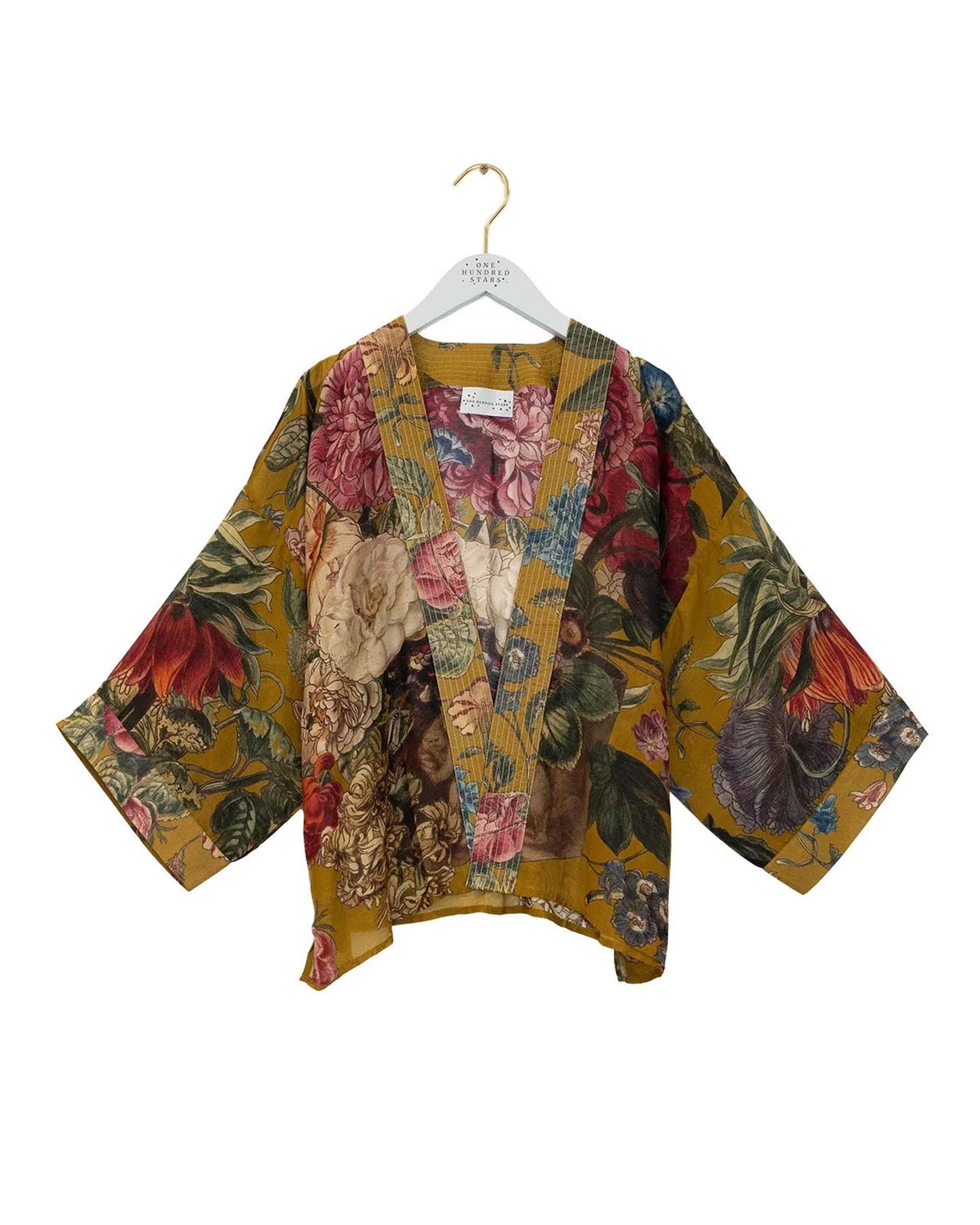 Kimono corto giallo ocra One Hundred Stars in modal e cupro a fantasia fiori multicolore