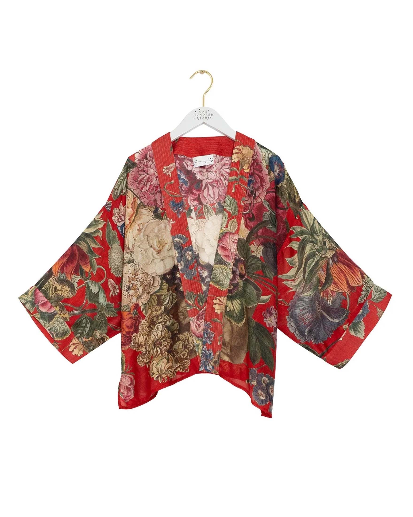 Kimono corto rosso in modal e cupro a fantasia fiori multicolore