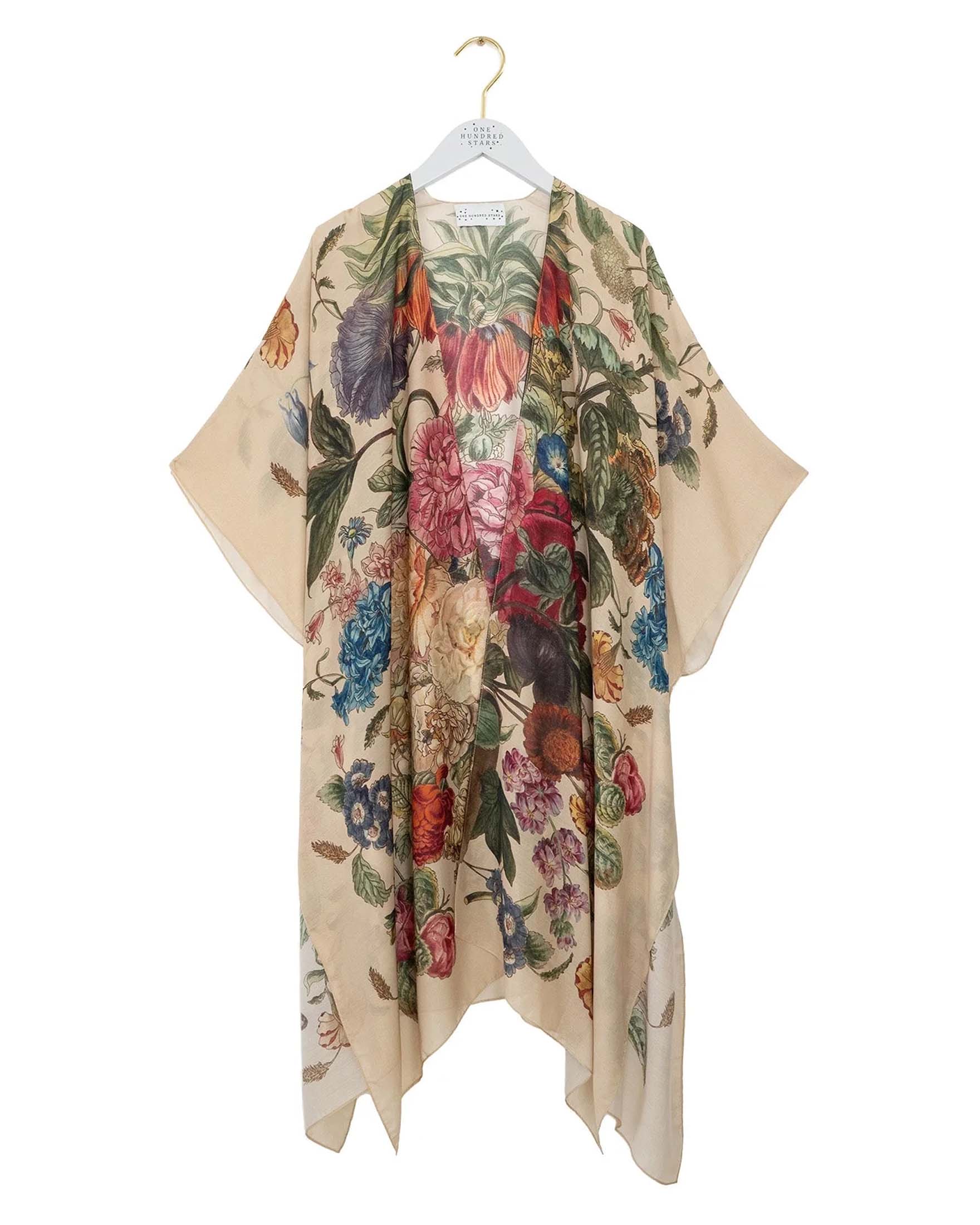 Kimono lungo beige One Hundred Stars a fantasia fiori multicolore in modal con maniche a tre quarti e spacchi laterali