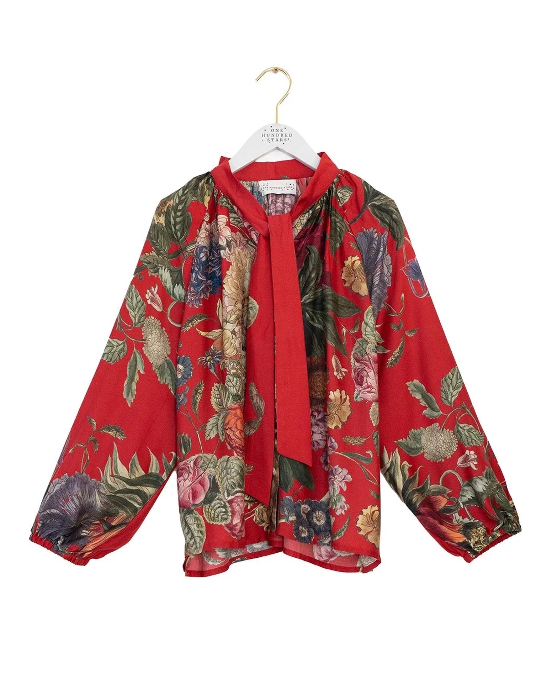 Camicia rossa in modal a motivo floreale multicolore con fusciacca al collo