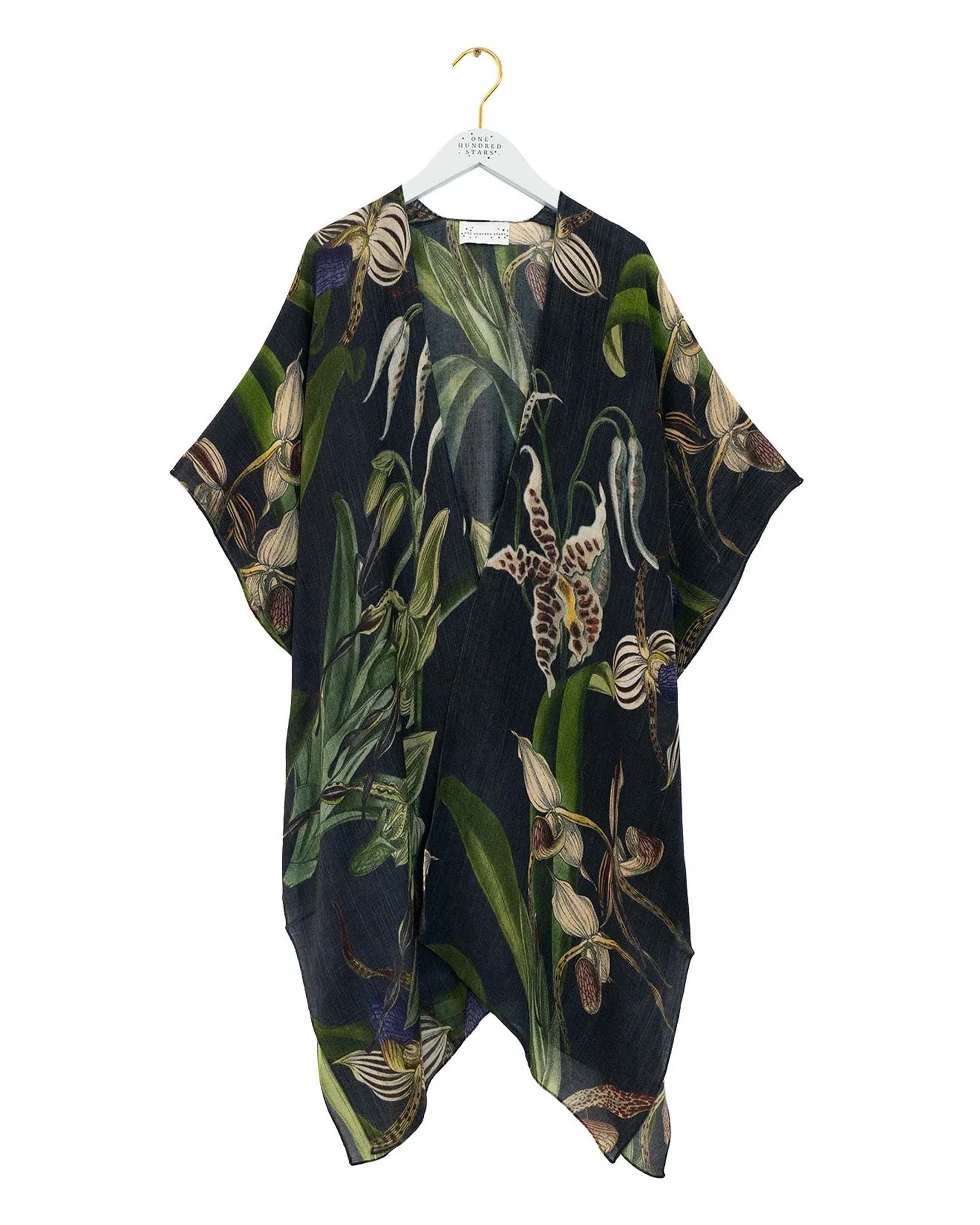Kimono lungo One Hundred Stars nero in pura lana a stampa orchidee con mezze maniche e spacchi laterali