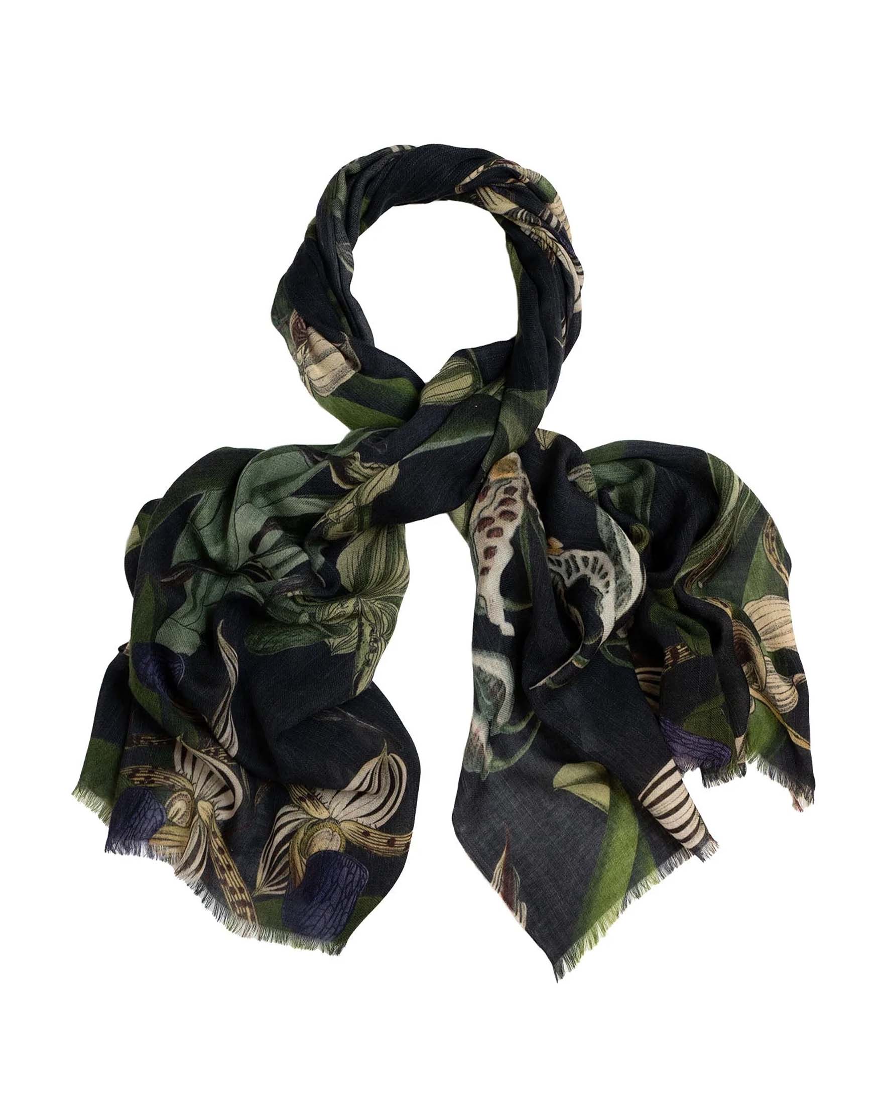 Sciarpa nera One Hundred Stars in pura lana a orchidee bianche