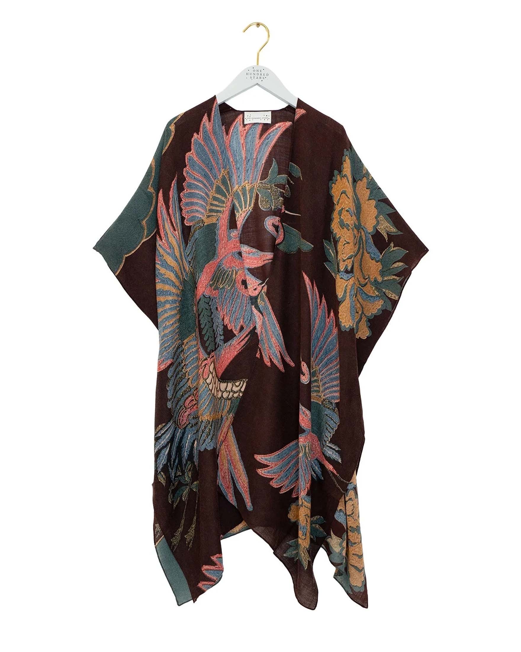 Kimono lungo One Hundred Stars bordeaux in lana a stampa aironi rosa con spacchi laterali e mezze maniche