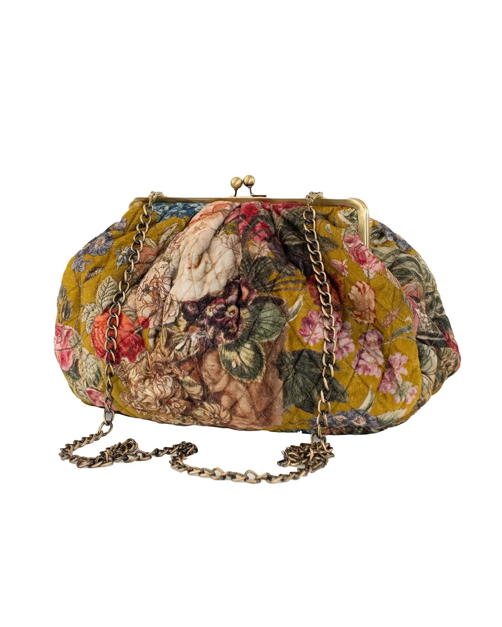 Borsa a mano giallo ocra One Hundred Stars in velluto trapuntato a fantasia florealre multicolore con chiusura a in metallo