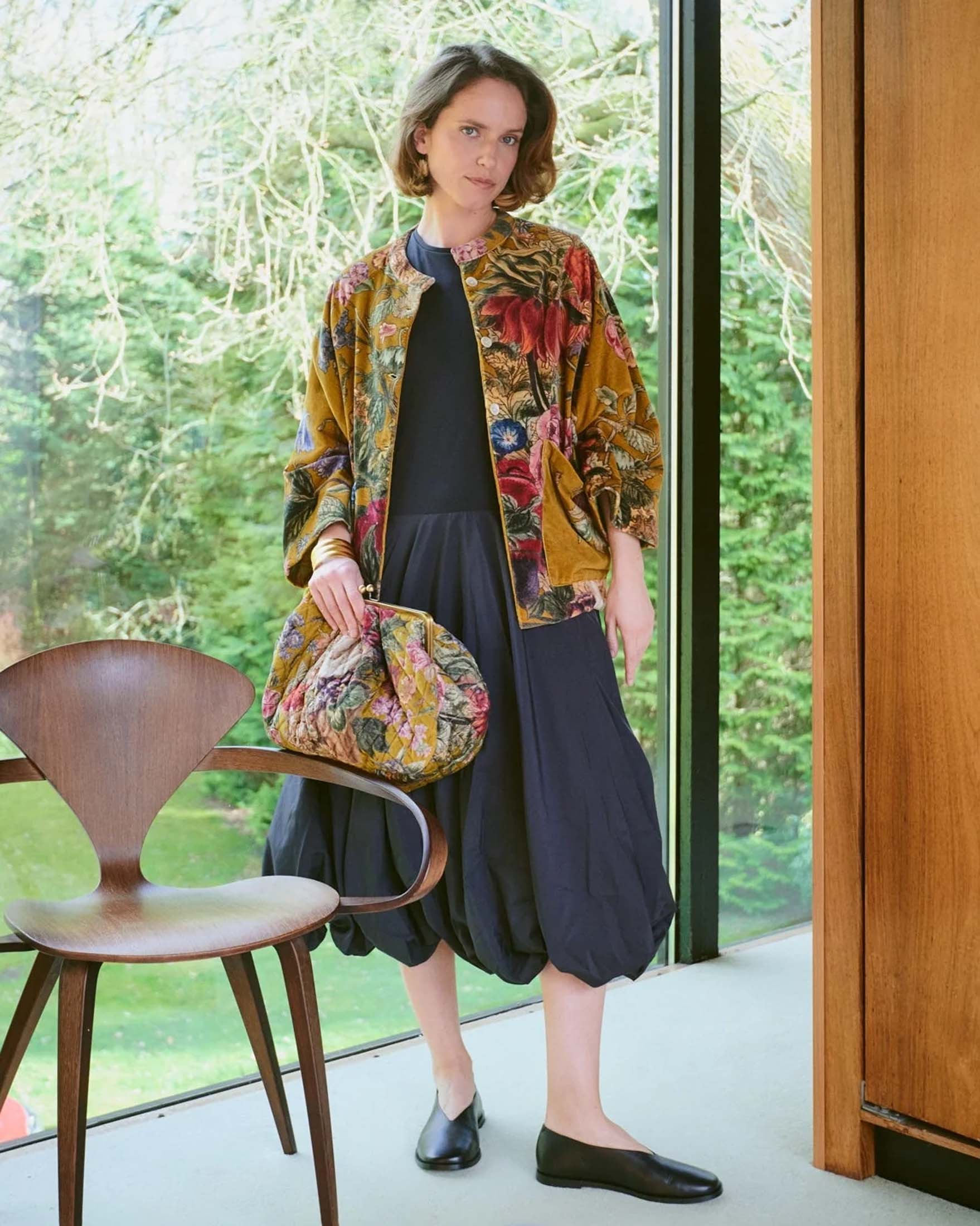 Borsa a mano giallo ocra One Hundred Stars in velluto trapuntato a fantasia florealre multicolore con chiusura a in metallo image