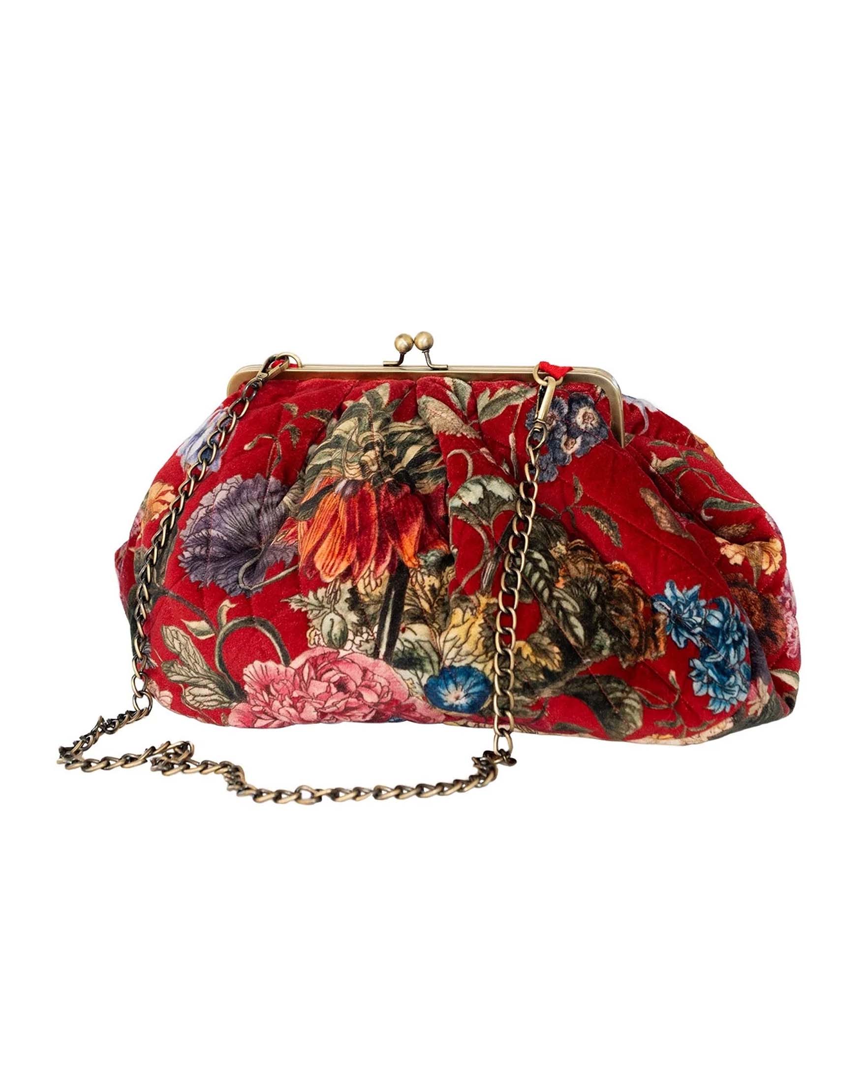 Borsa a mano rossa One Hundred Stars in velluto trapuntato a fantasia florealre multicolore con chiusura a in metallo