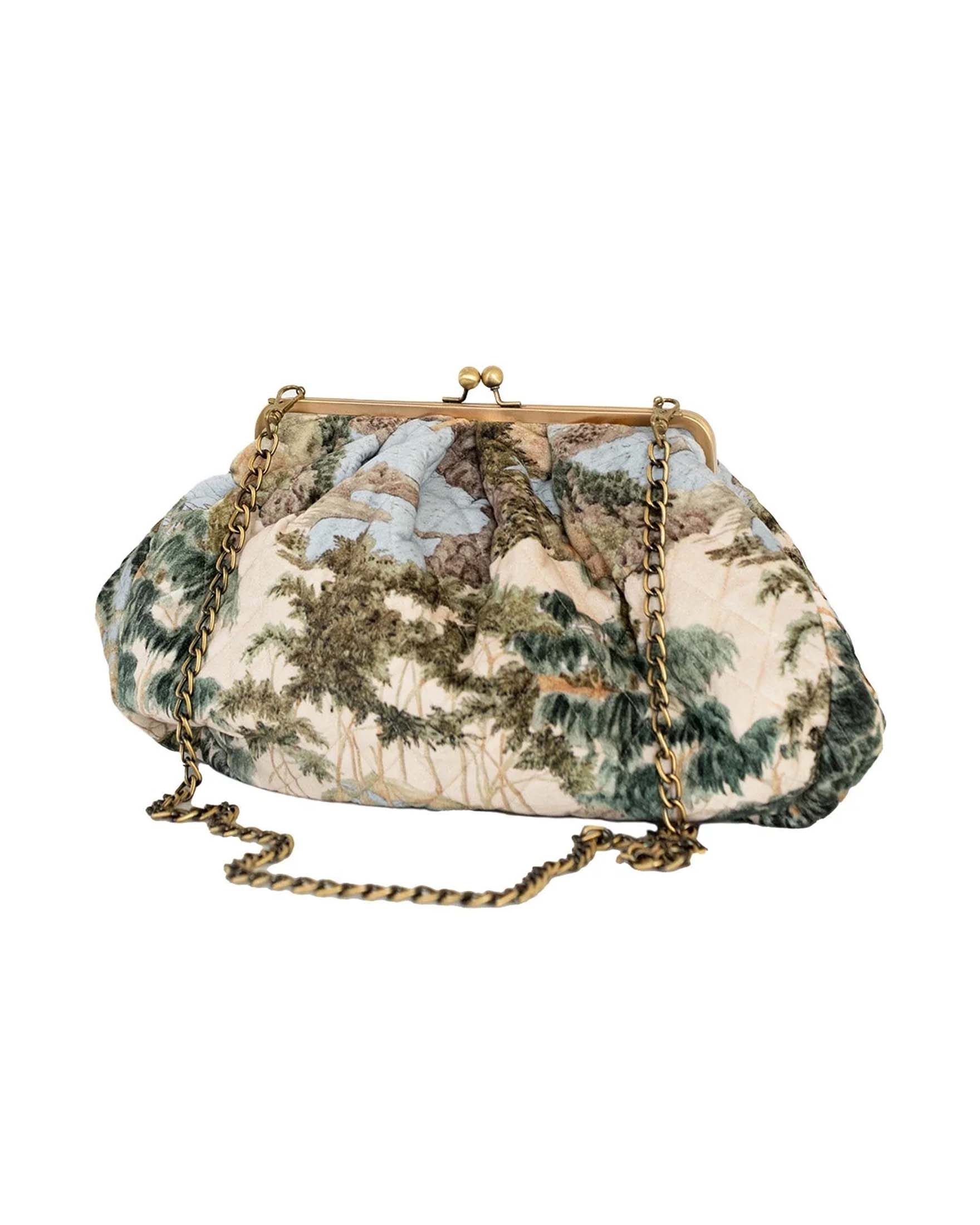 Borsa a mano avorio One Hundred Stars in velluto trapuntato a fantasia alberi con chiusura a in metallo