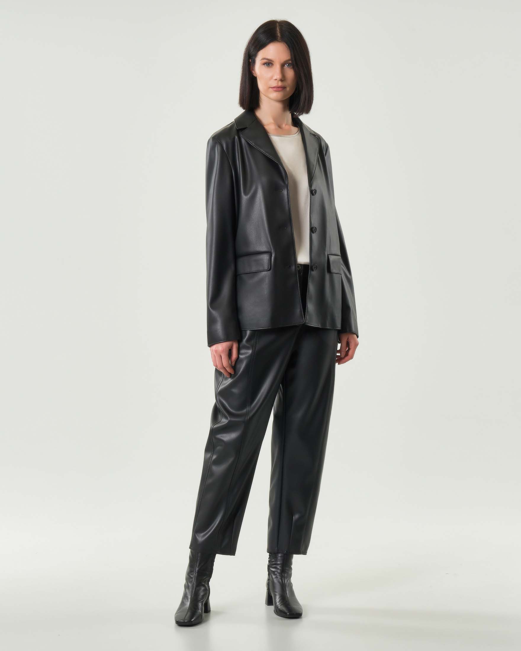 Blazer monopetto nero in jersey effetto nappa MM Max Mara con scollo a rever