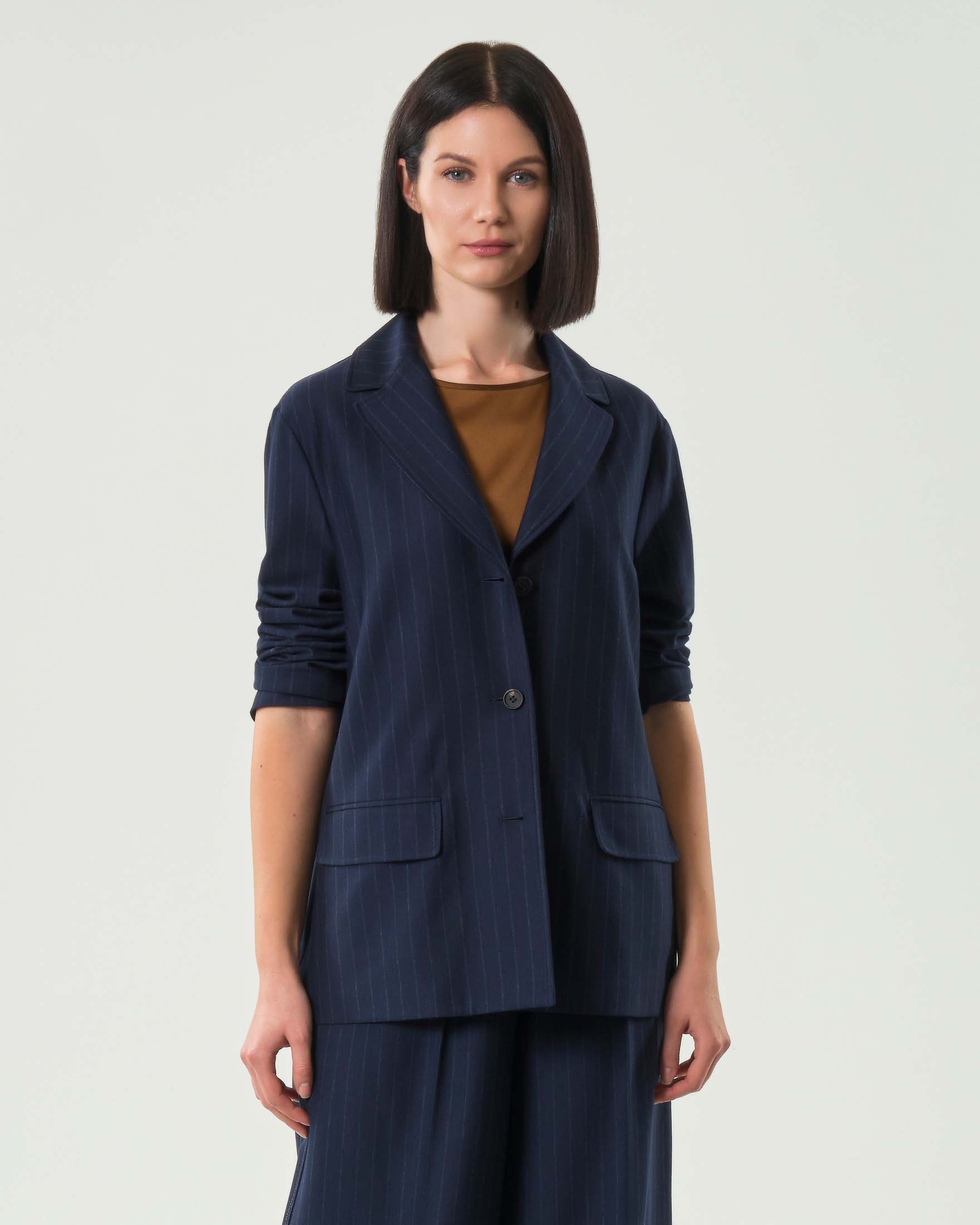 Blazer blu in misto viscosa MM Max Mara gessato grigio con scollo a rever image