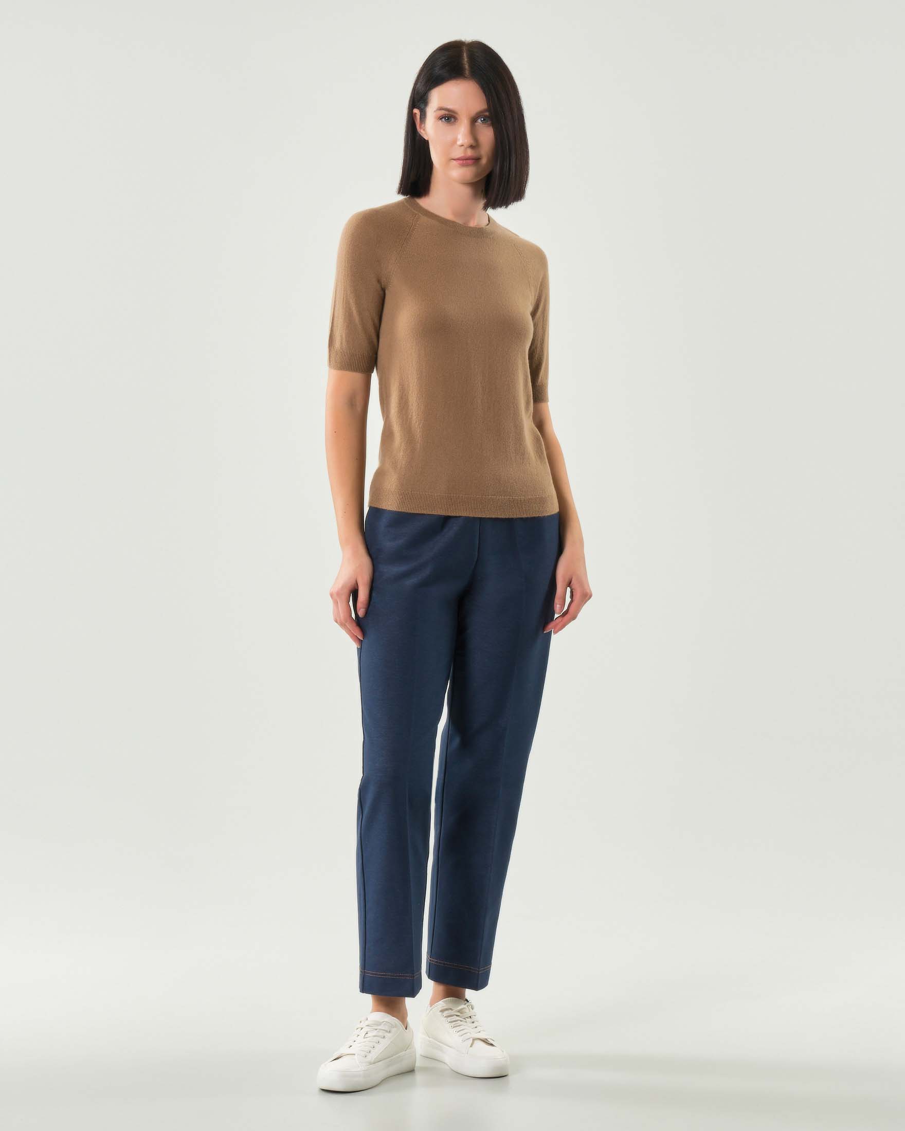 Pantaloni dritti blu MM Max Mara in jersey di misto cotone effetto denim con elastico in vita