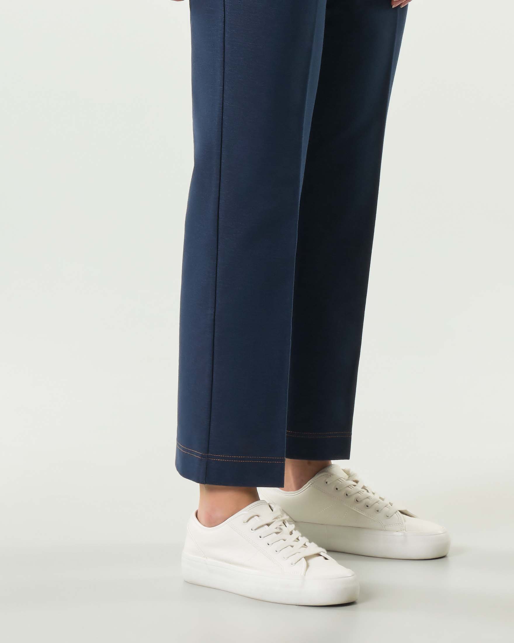 Pantaloni dritti blu MM Max Mara in jersey di misto cotone effetto denim con elastico in vita image