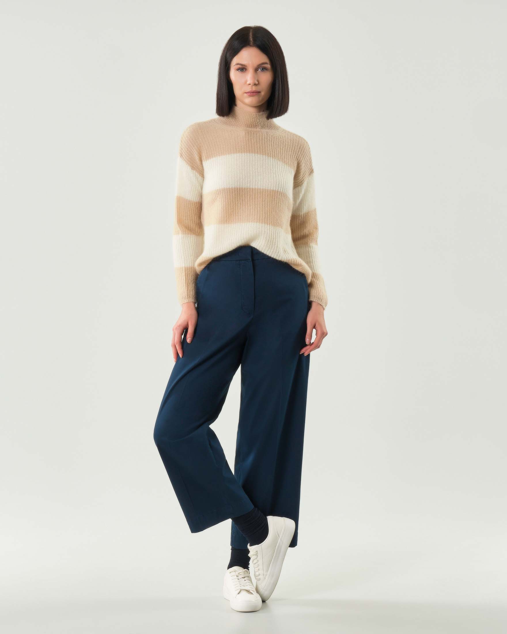 Maglia a collo alto a righe beige e color panna MM Max Mara in misto mohair a coste image