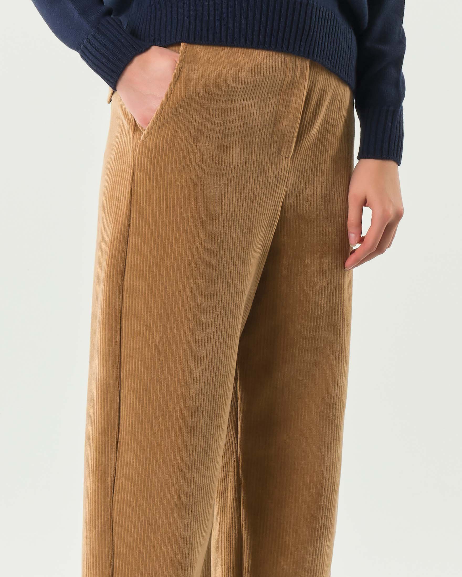 Pantaloni carrot fit color cammello MM Max Mara in velluto a righe di misto cotone