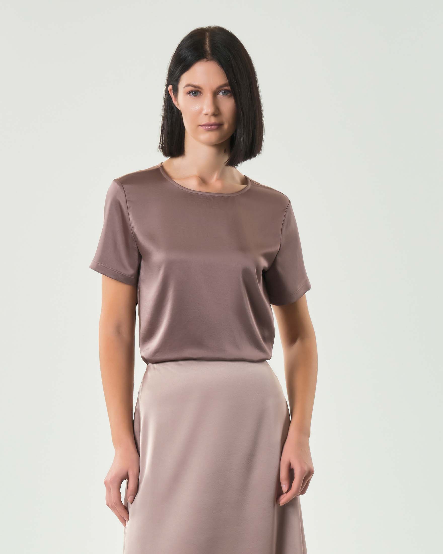 Blusa color caffè in raso con retro in misto viscosa Weekend con maniche corte