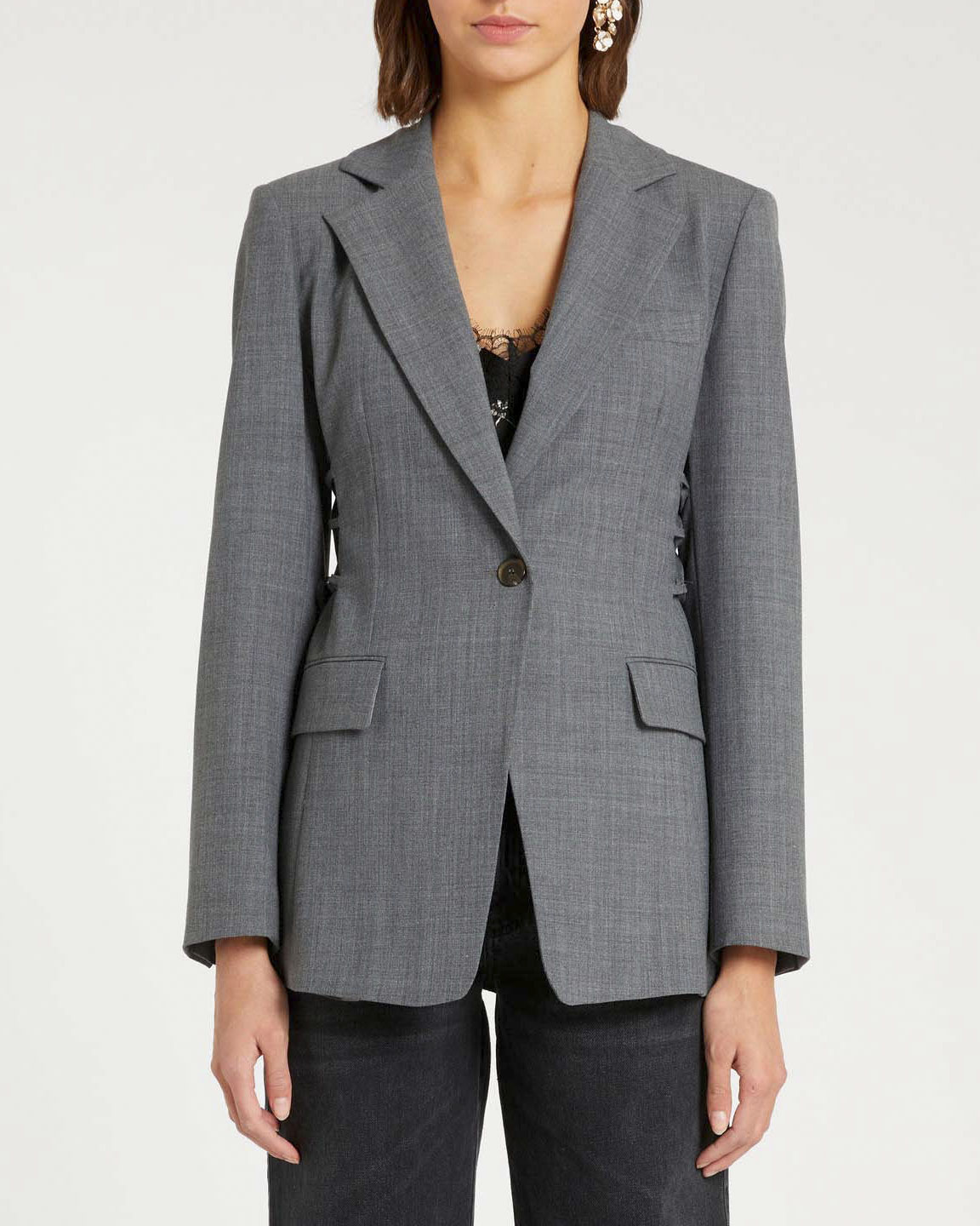 Blazer grigio sfiancato Marella in tela di misto lana stretch con lacci sui fianchi