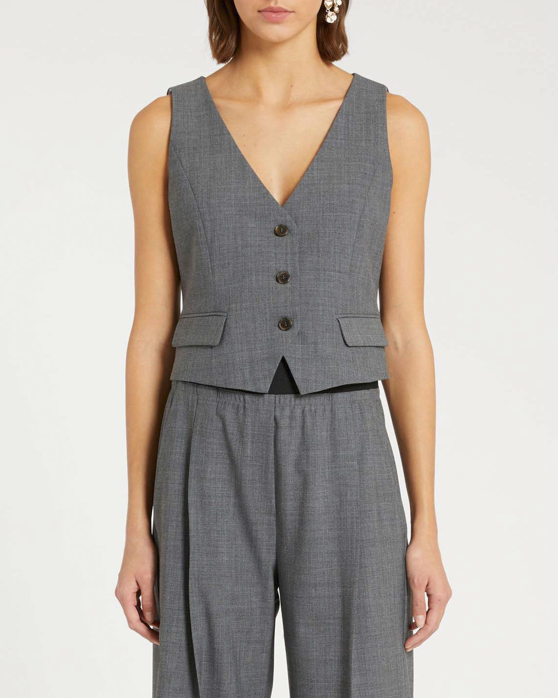 Gilet grigio sfiancato Marella in tela di misto lana stretch con lacci sulla schiena