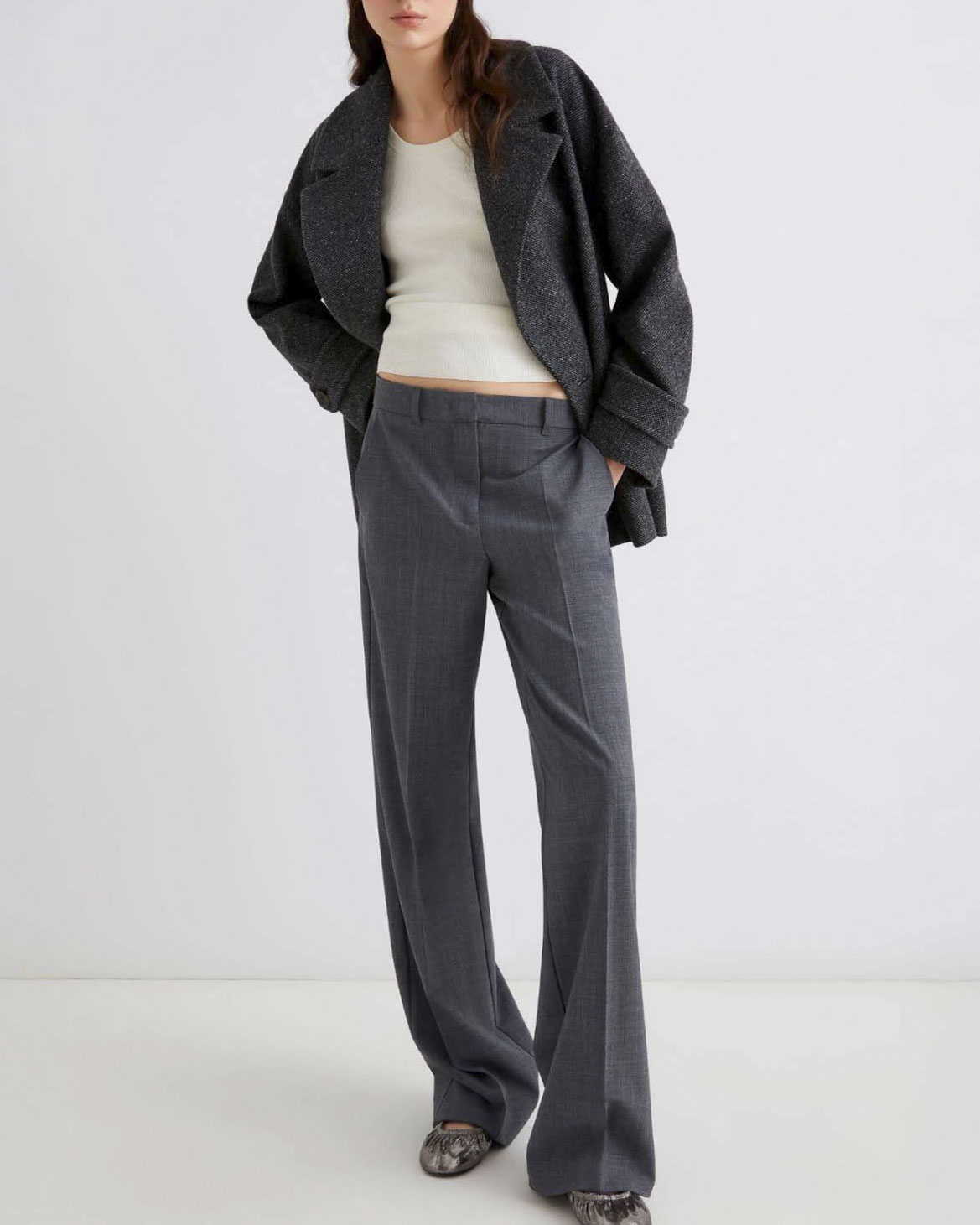 Pantaloni palazzo grigi Marella in tela di misto lana stretch a vita bassa