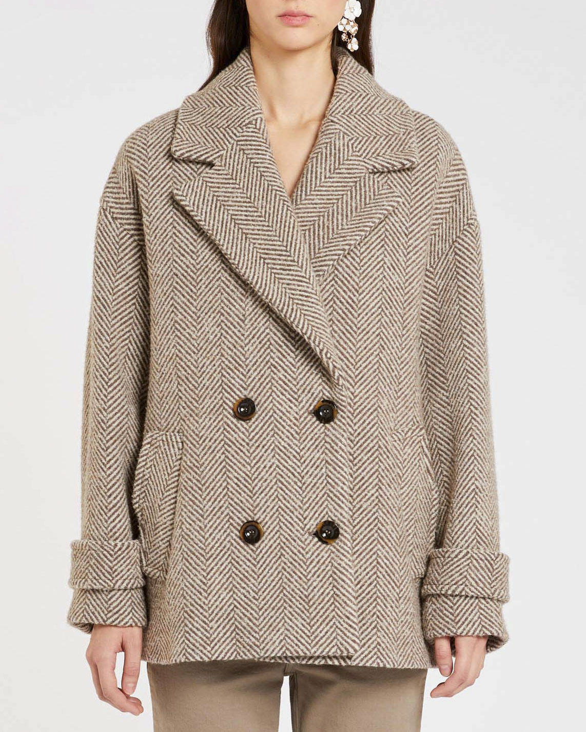 Caban in resca di misto lana color taupe e avorio con scollo a rever e chiusura a doppiopetto