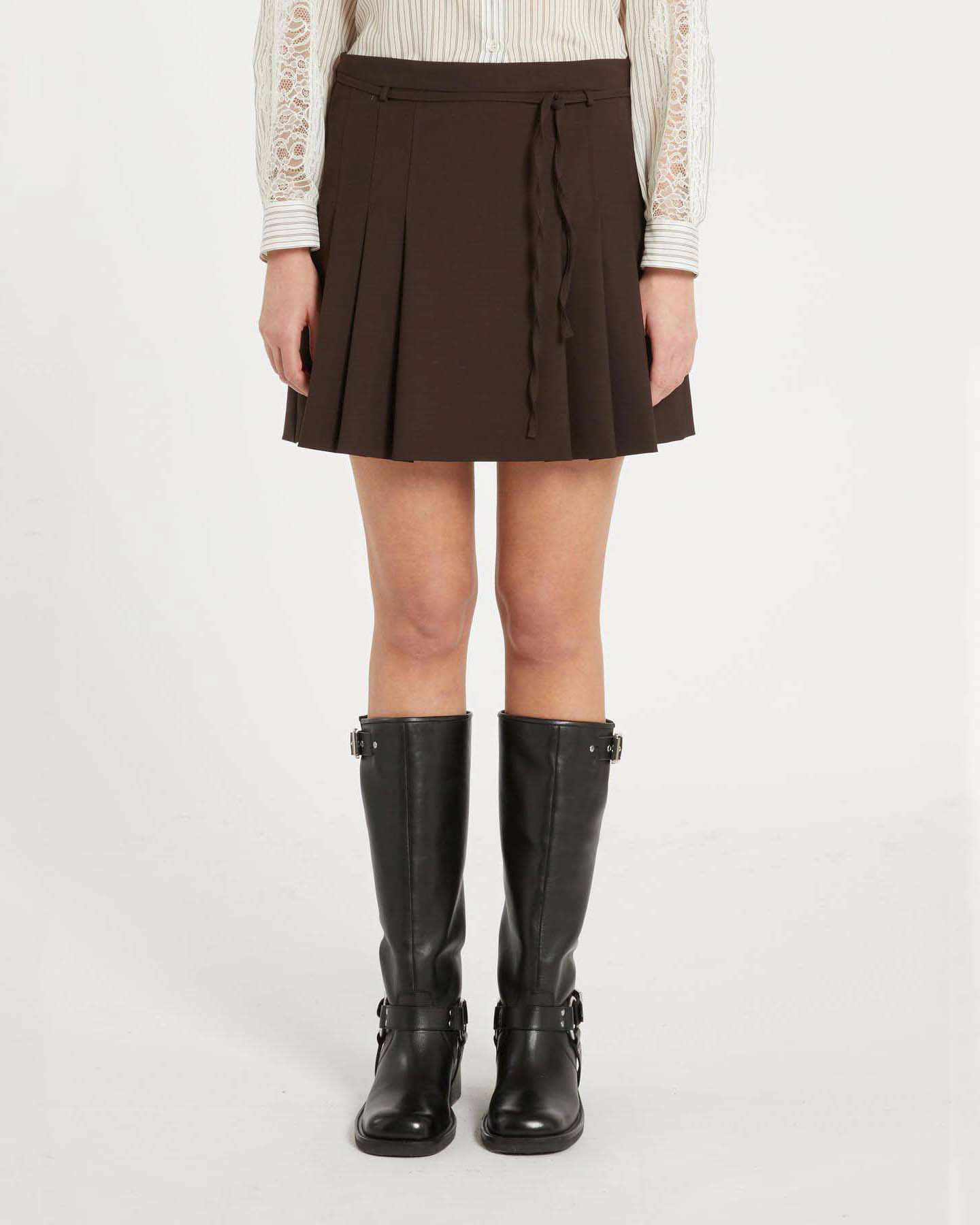 Minigonna color testa moro a pieghe Marella in tela di misto lana stretch