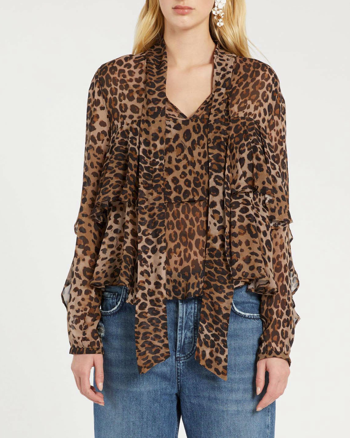 Camicia in georgette di viscosa a stampa animalier Marella con balze e scollo a V con fusciacca