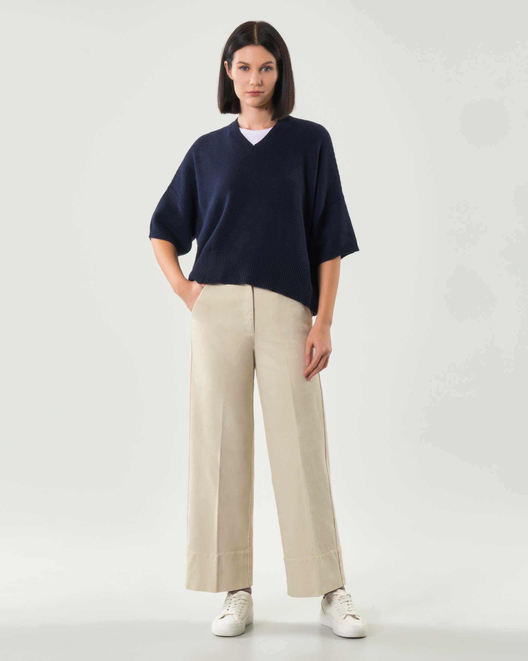 Pantaloni beige cropped Marella in bull di cotone stretch con risvolto alto