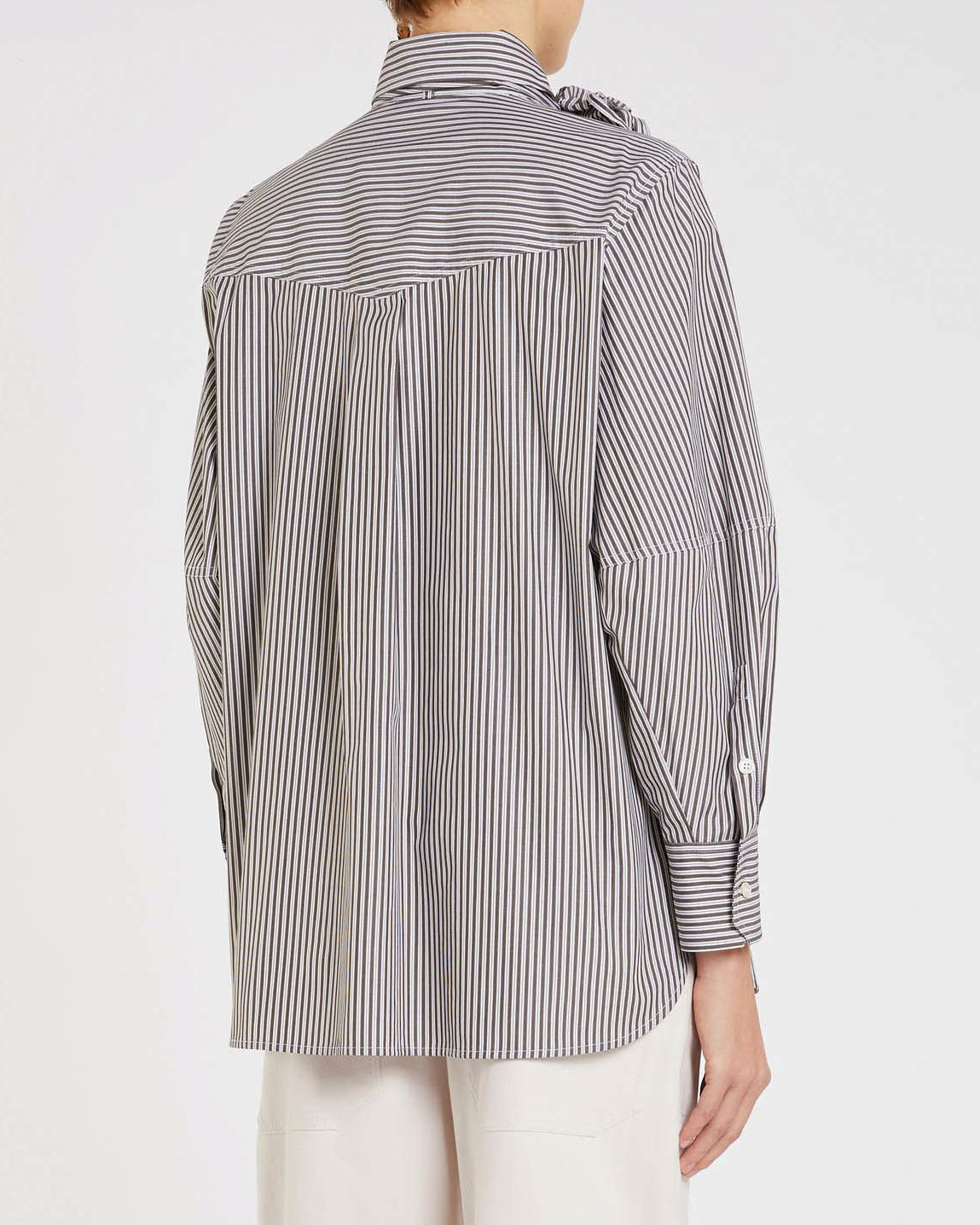 Camicia bianca a righine blu Marella in popeline di cotone con rosa applicata al collo image