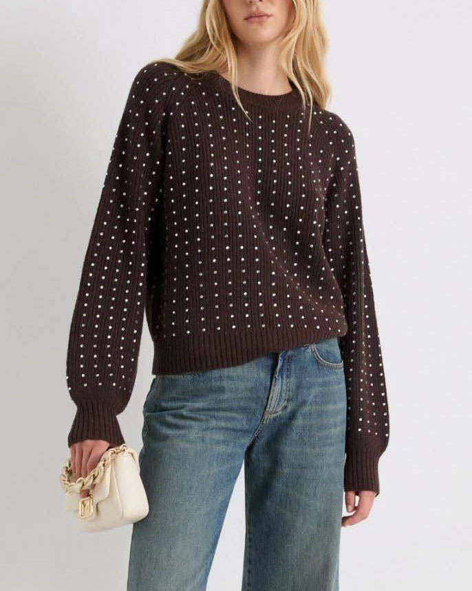 Maglia color testa moro Marella in misto lana a coste con strass argento applicati