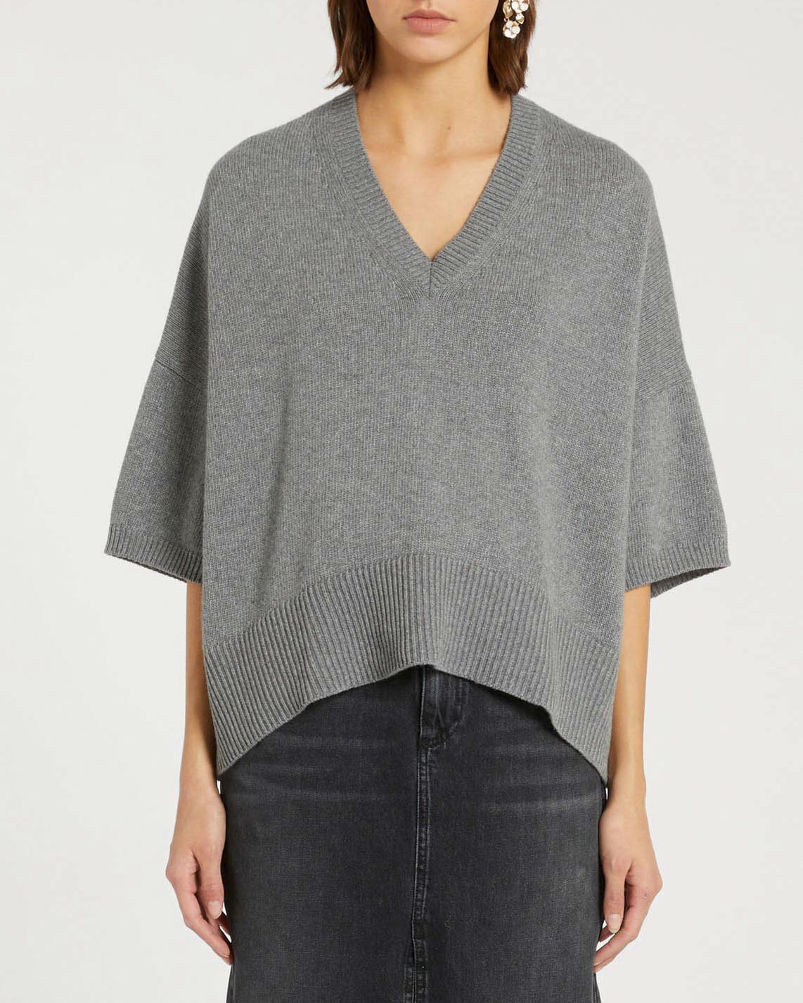 Maglia grigia over Marella maniche al gomito in misto lana e cashmere con scollo a V