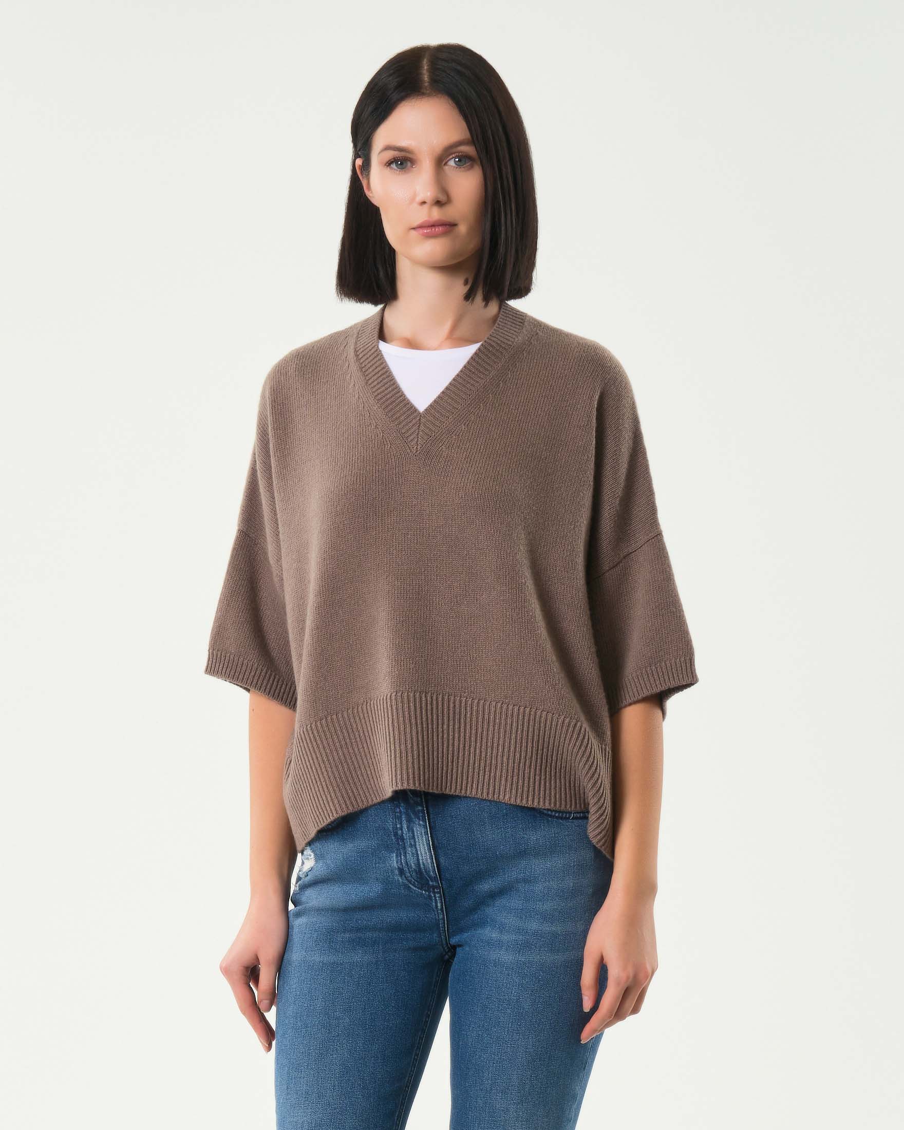 Maglia over color taupe Marella maniche al gomito in misto lana e cashmere con scollo a V