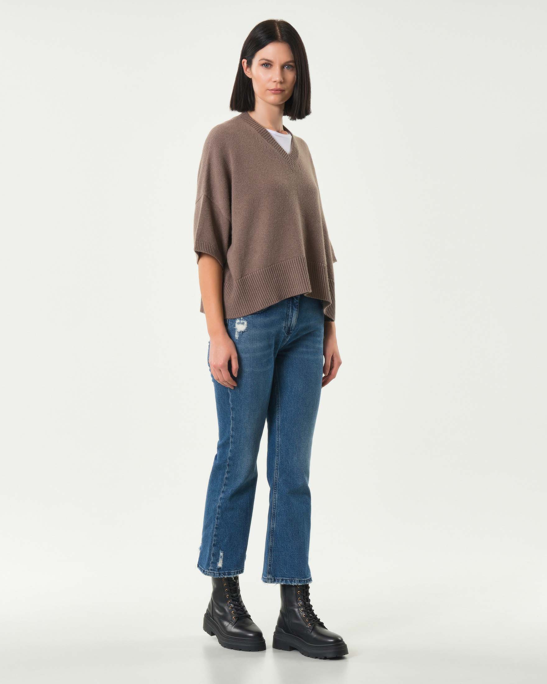 Maglia over color taupe Marella maniche al gomito in misto lana e cashmere con scollo a V image