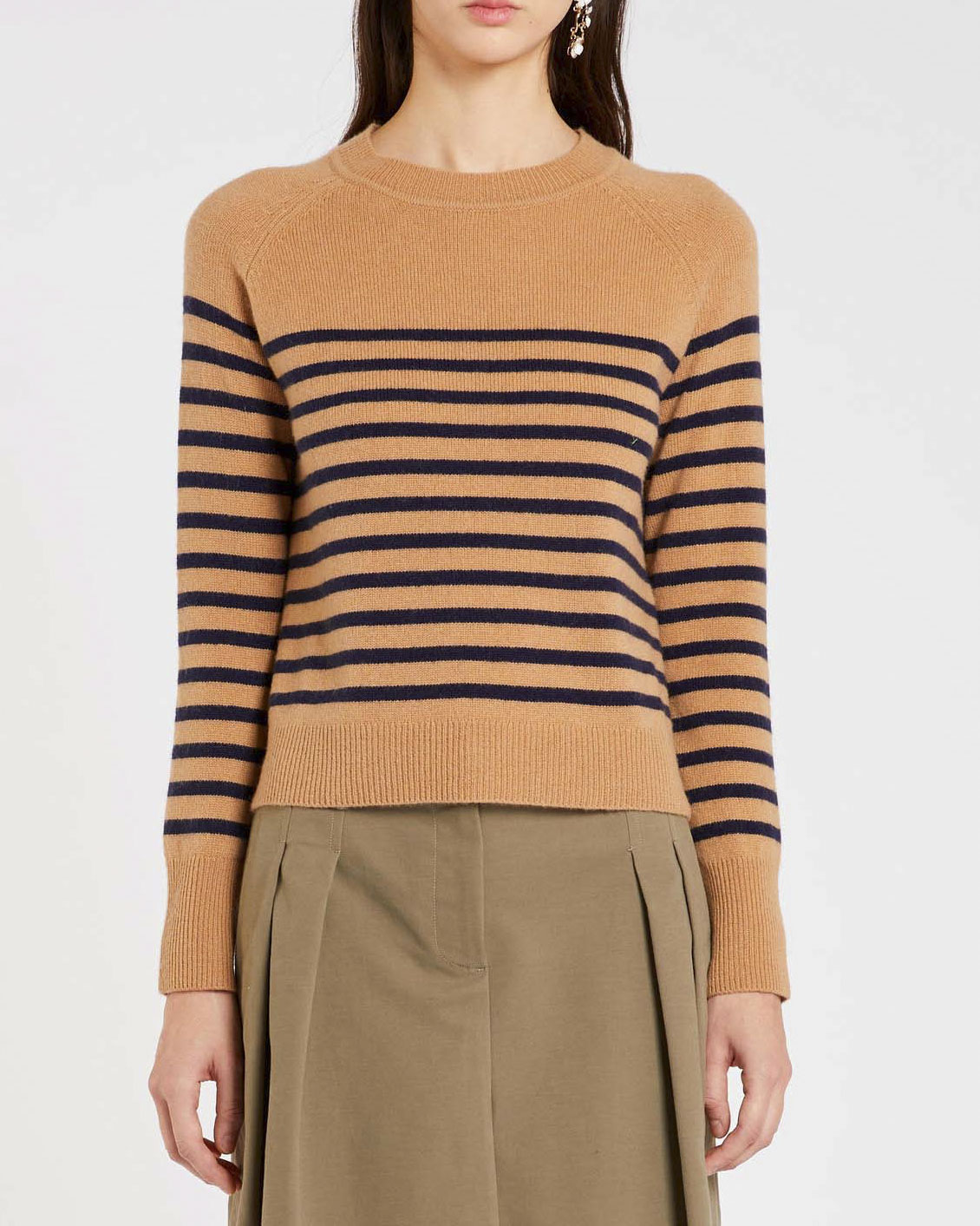 Maglia color cammello a righe blu Marella in lana e cashmere con scollo tondo