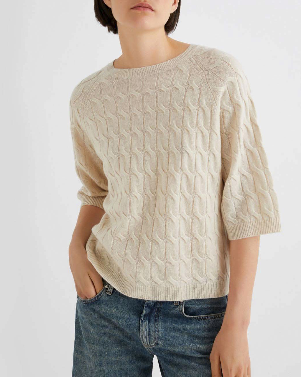 Maglia girocollo color sabbia a maniche corte Marella in lana e cashmere a trecce