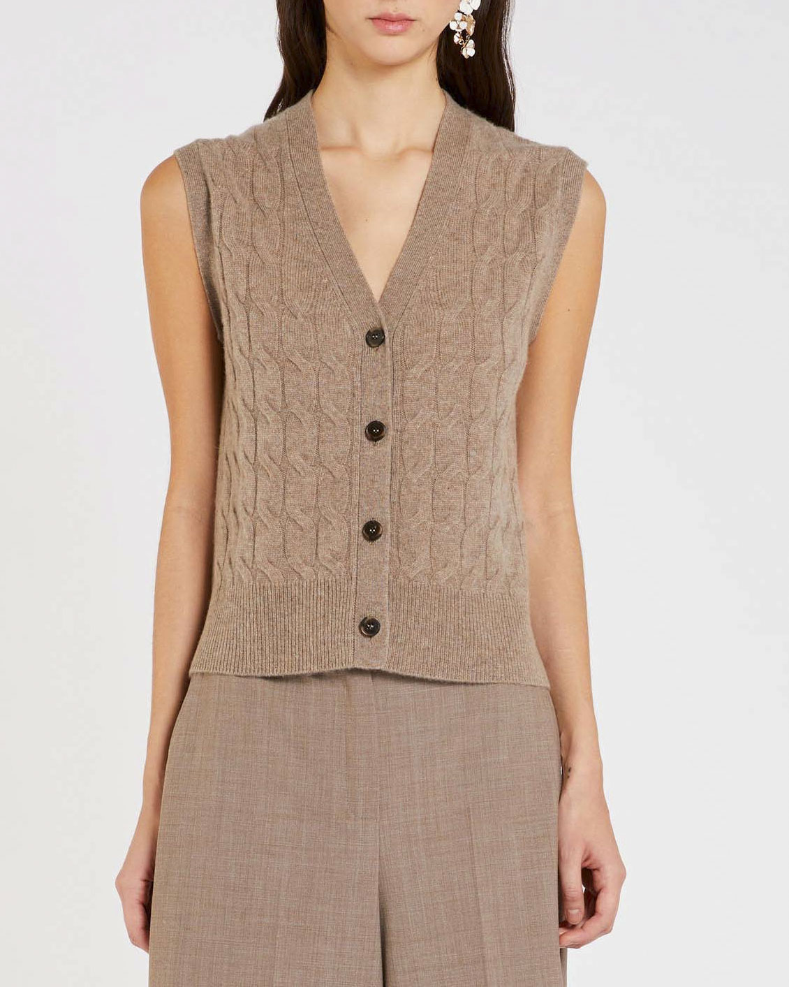 Gilet color taupe Marella in lana e cashmere a trecce