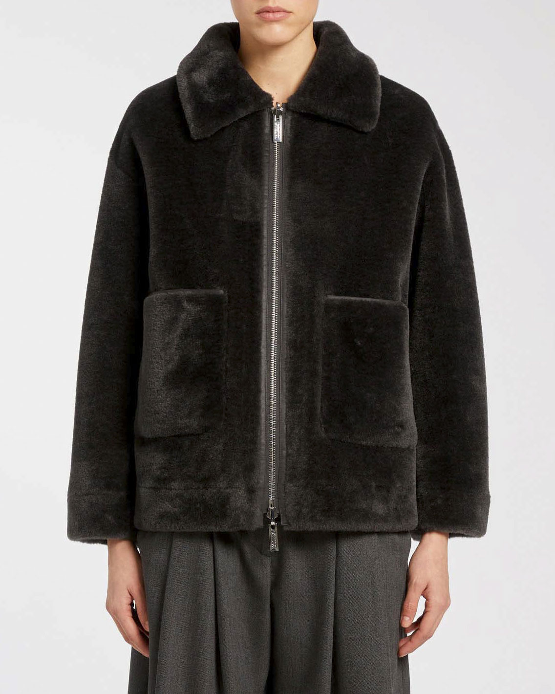 Giacca montone color antracite Marella MONOCHROME reversibile con colletto a camicia