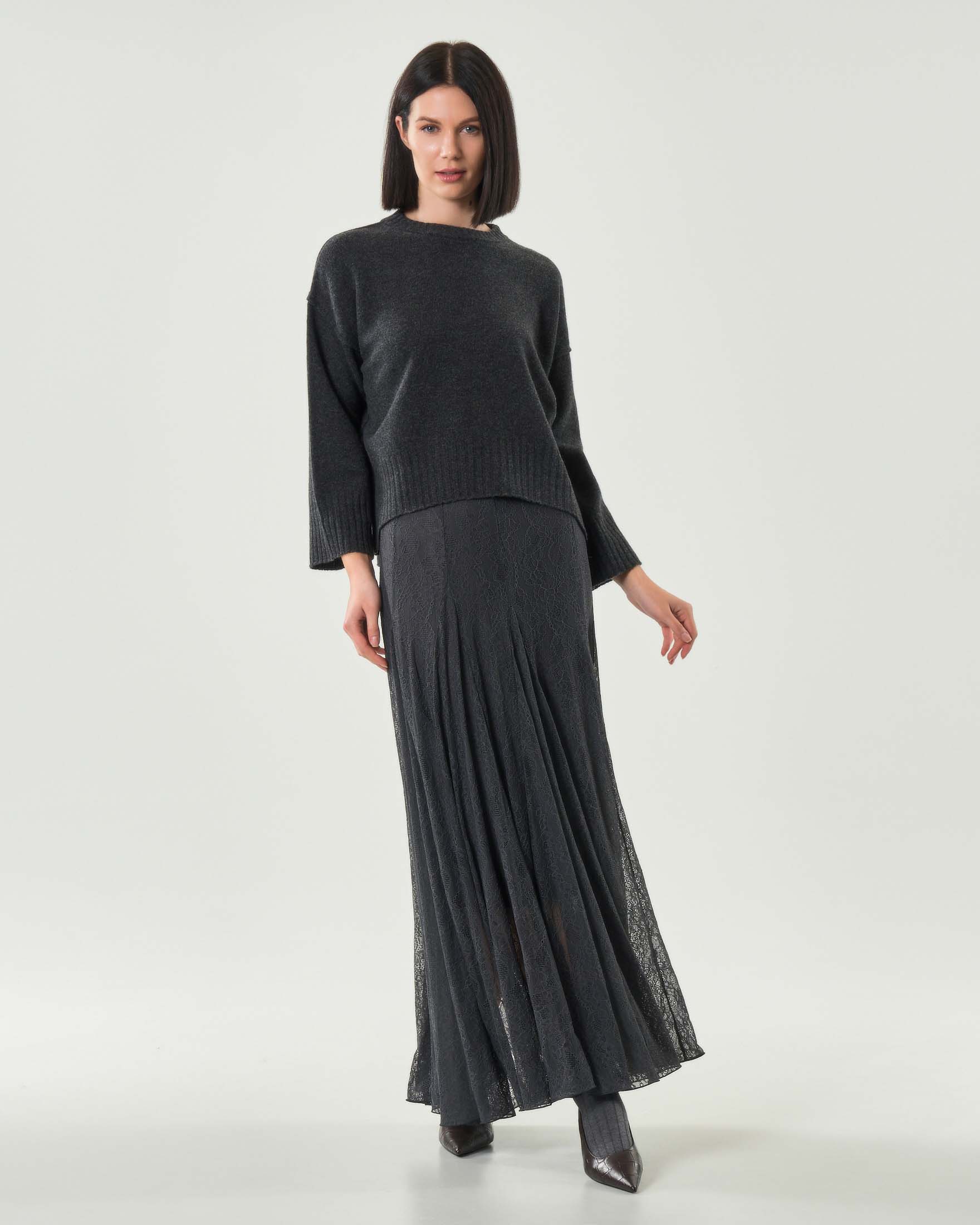 Gonna lunga grigio antracite in jersey pizzo Marella MONOCHROME con pince