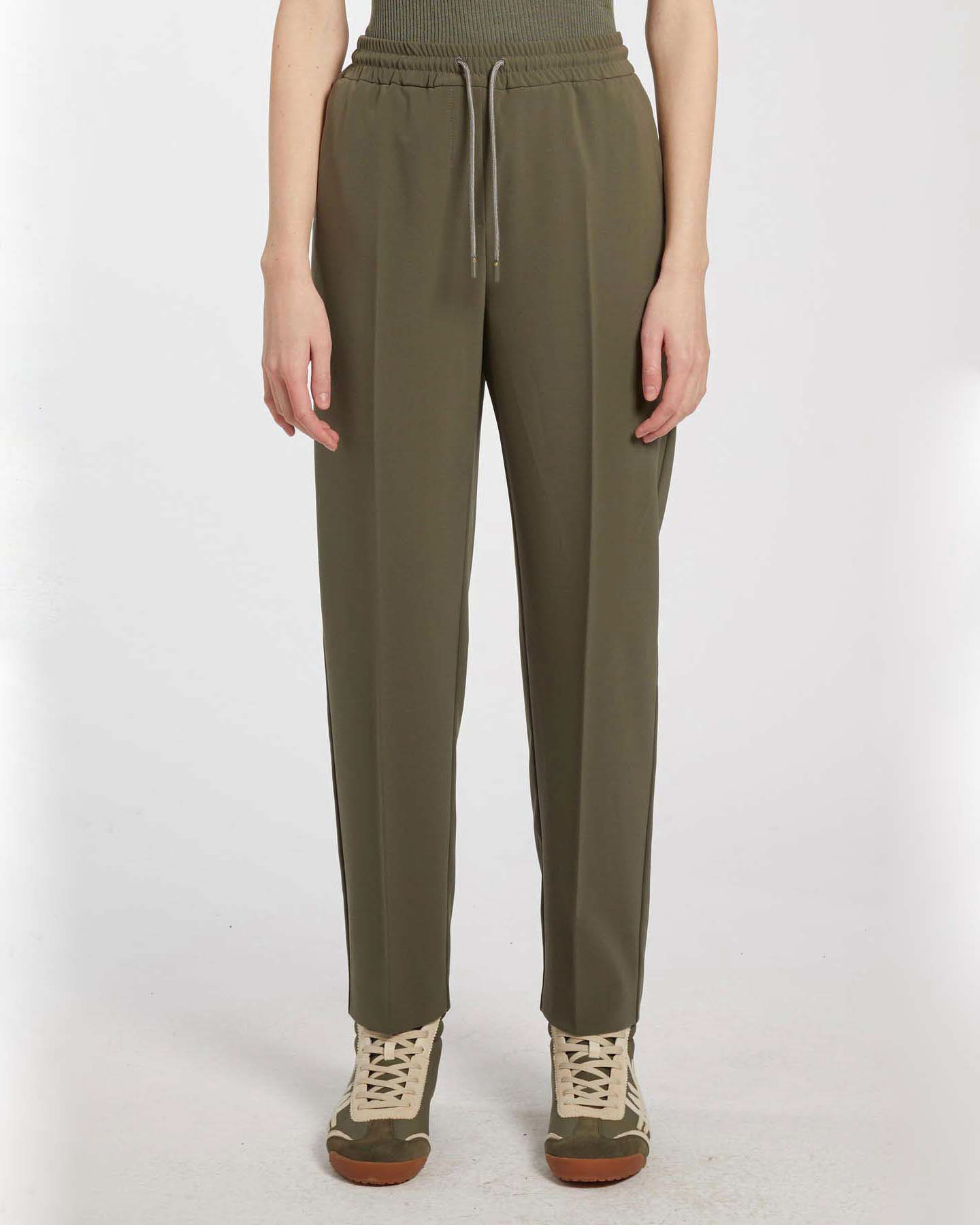 Jogger verdi militare Marella MONOCHROME in twill tecnico stretch con coulisse e piega a rilievo