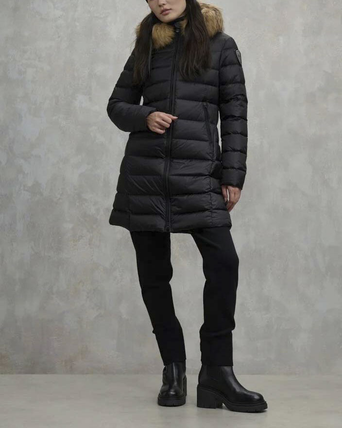 Piumino midi nero Blauer imbottito in piuma naturale con bordatura in pelliccia del cappuccio fisso image