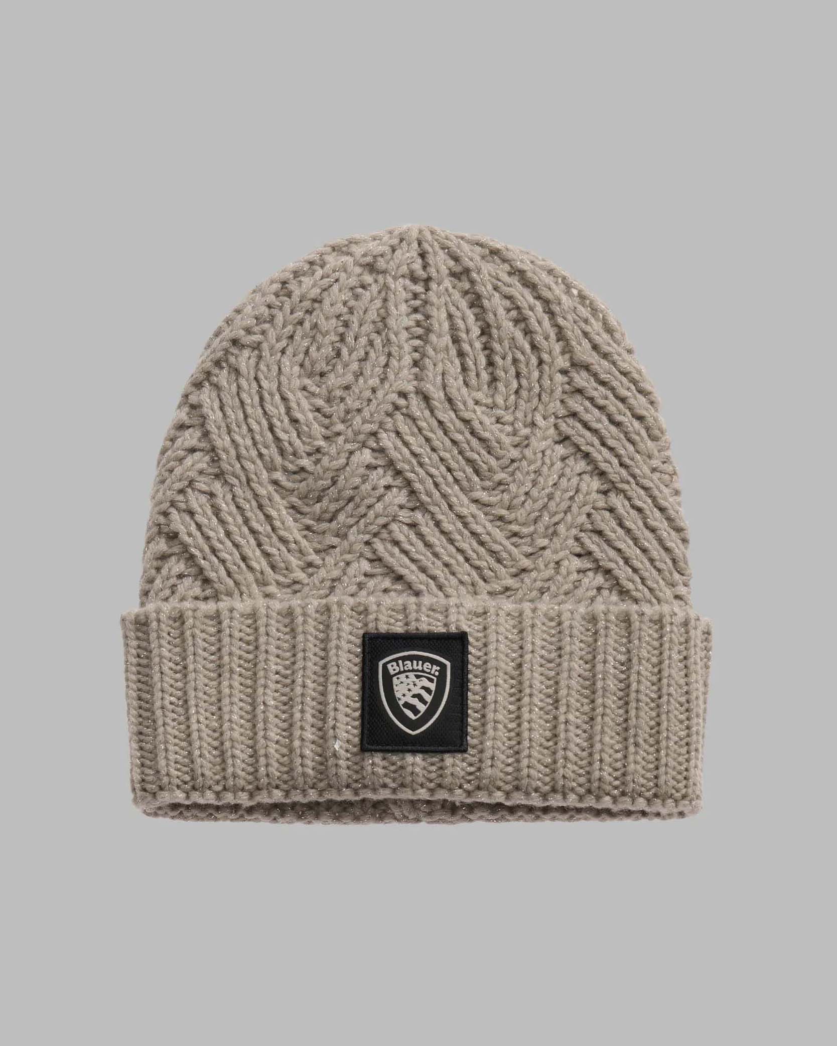 Berretto beige Blauer in lana e cashmere a coste con inserti in lurex