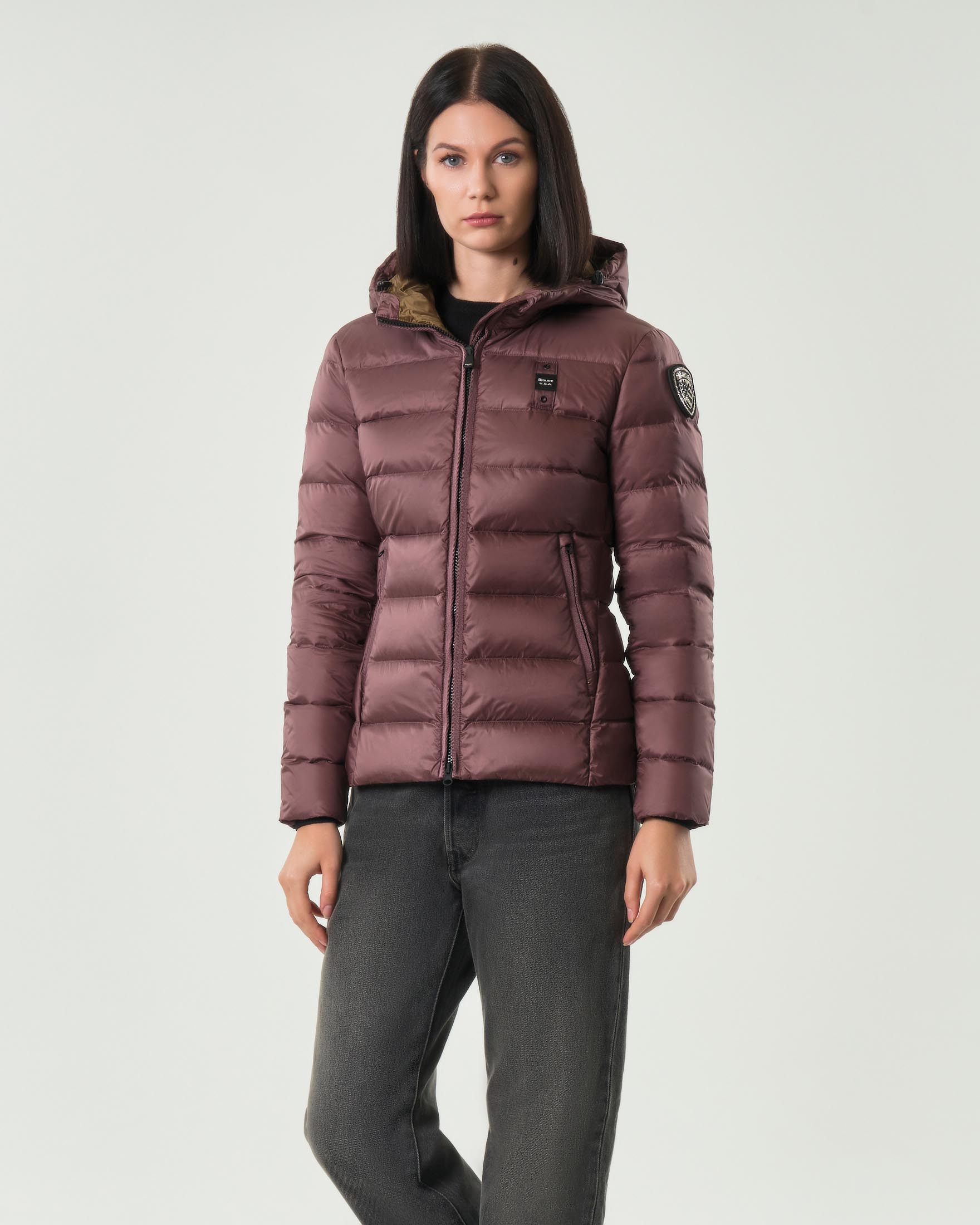 Piumino bordeaux modello Charme con imbottitura leggera in piuma d'oca e fodera color khaki