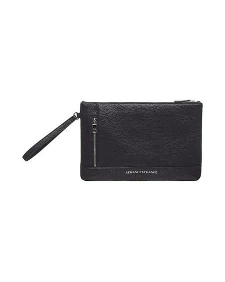 Borsa a bustina Exchange nera in similpelle con logo stampato frontalmente