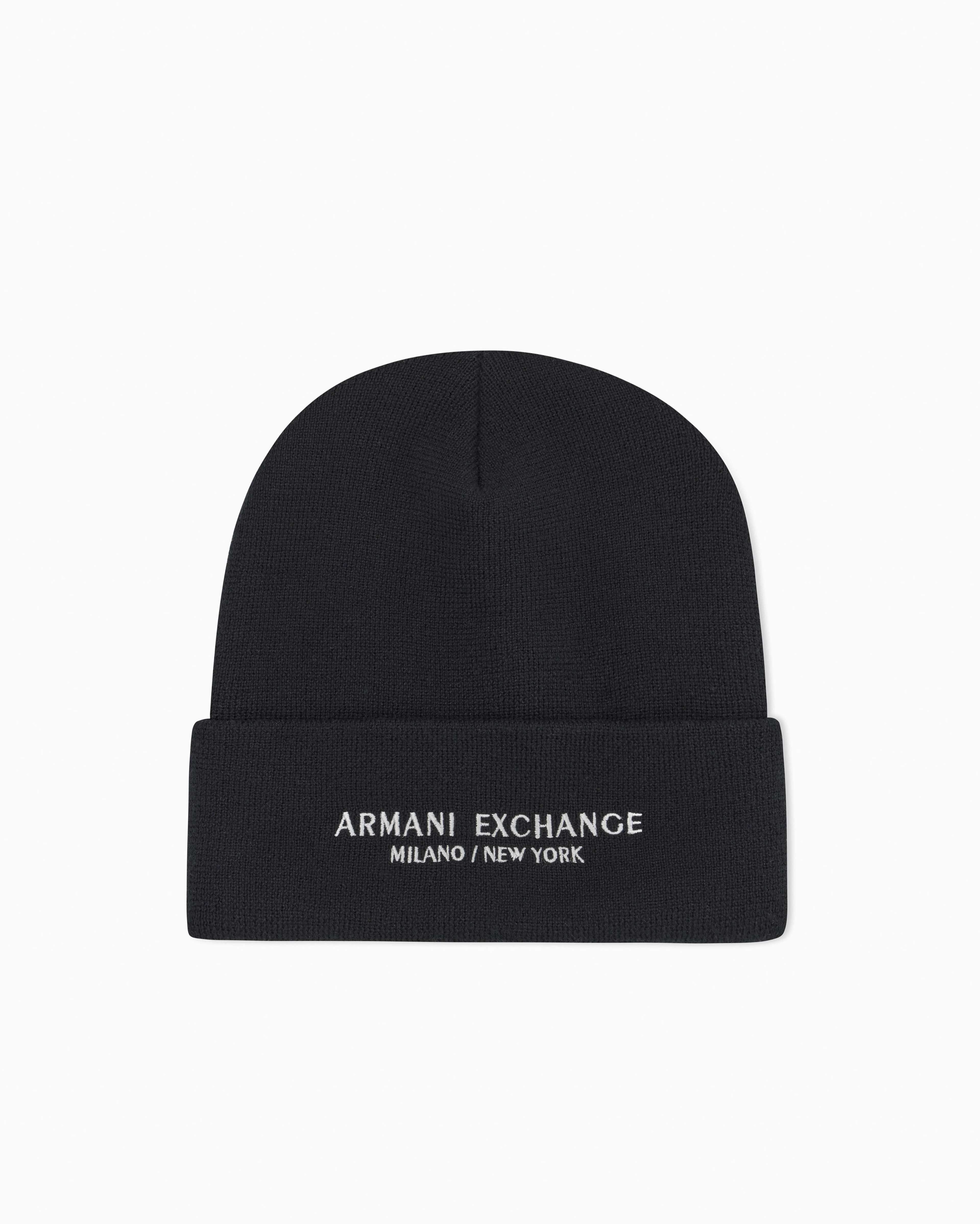 Berretto Armani Exchange nero in maglia con logo ricamato sul risvolto