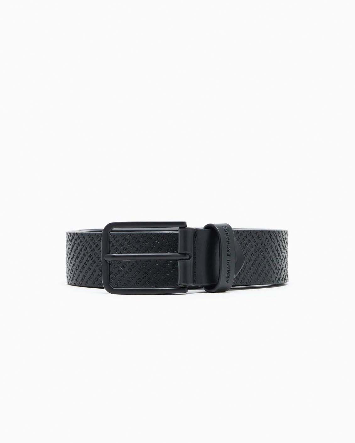 Cintura Armani Exchange nera in pelle con logo impresso sulla fibbia e sulla superficie