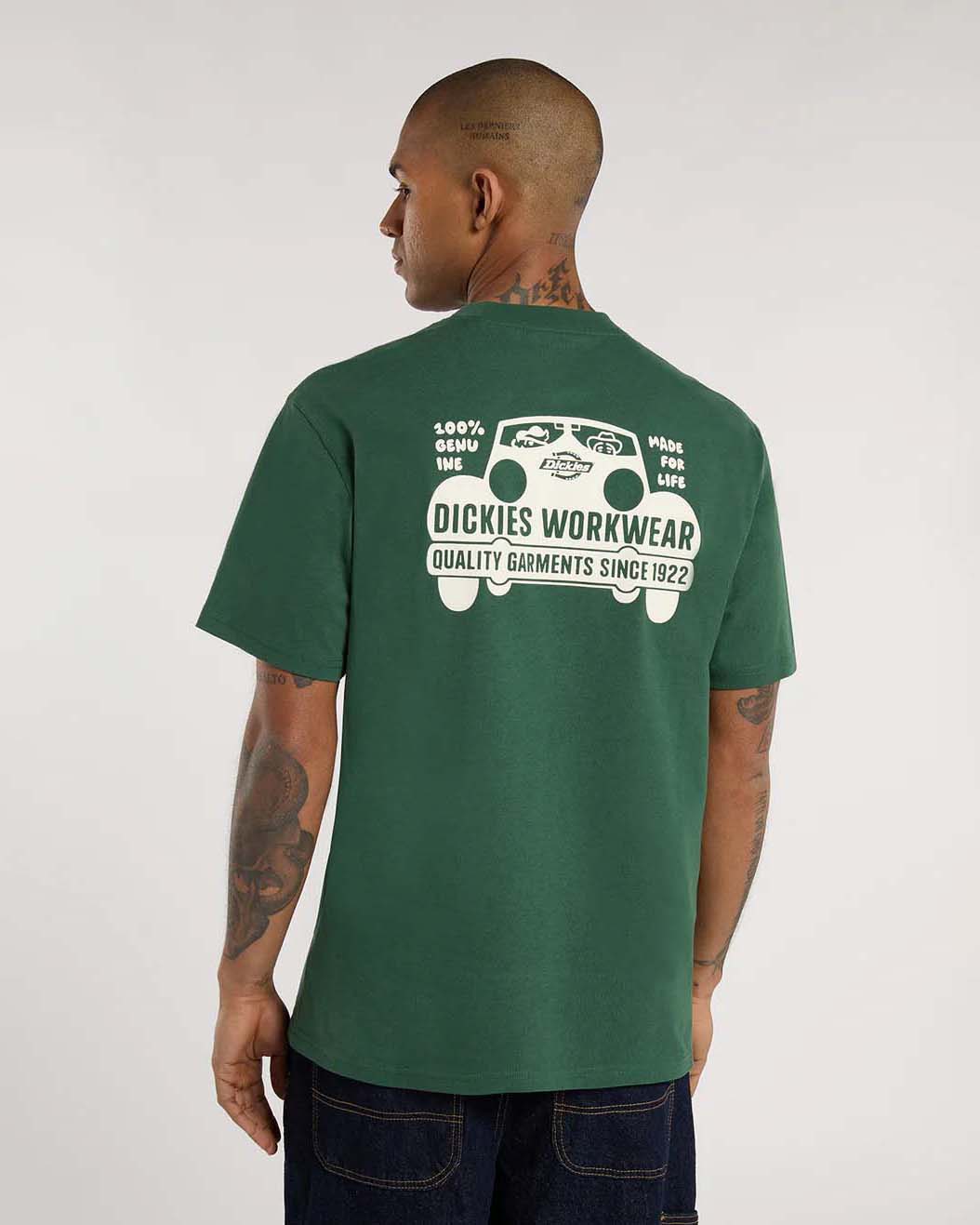T-shirt verde mezza manica Dickies con stampa vintage automobilistica sul retro image