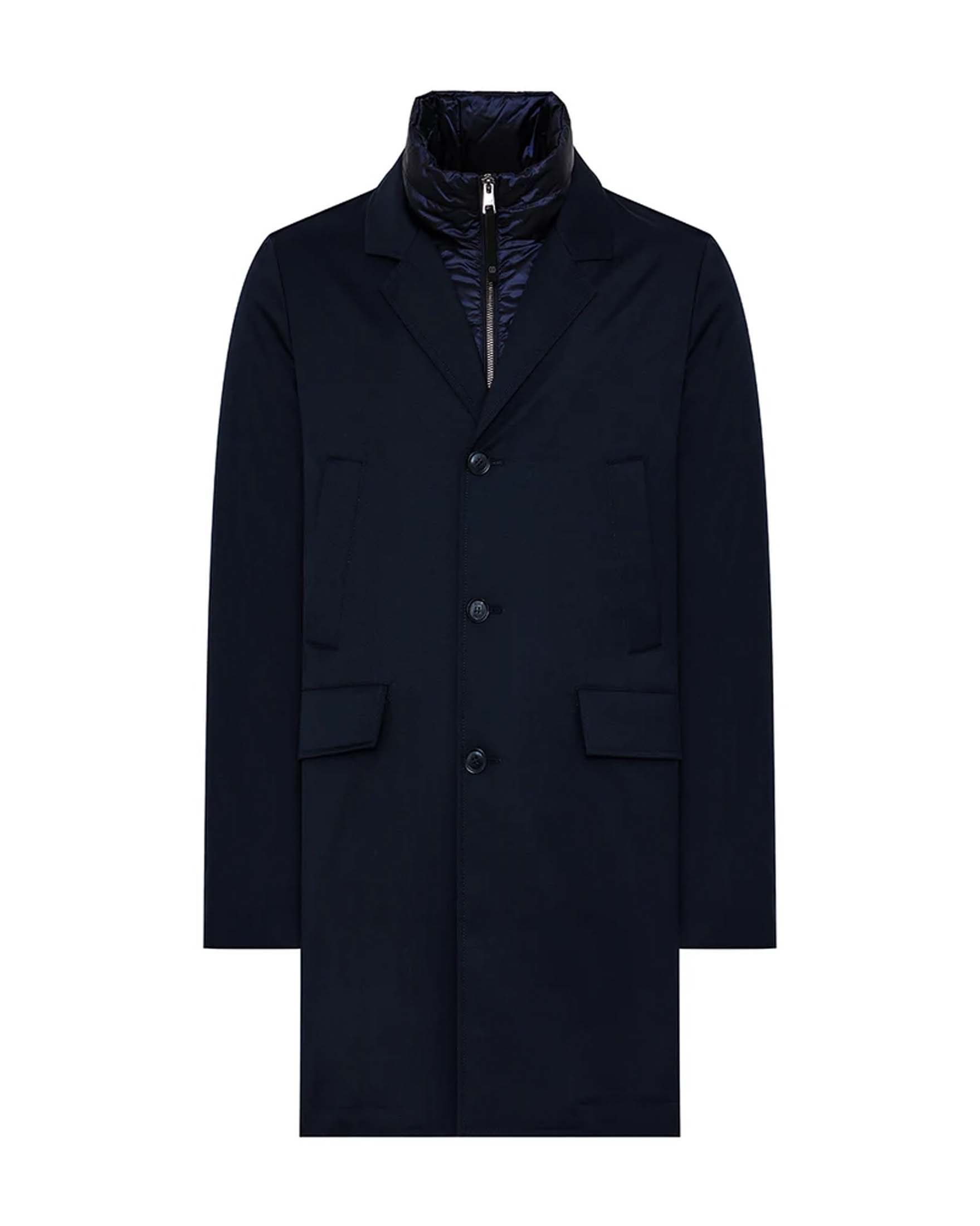 Cappotto Duno blu in lana tecnica con pettorina in nylon imbottita in piuma