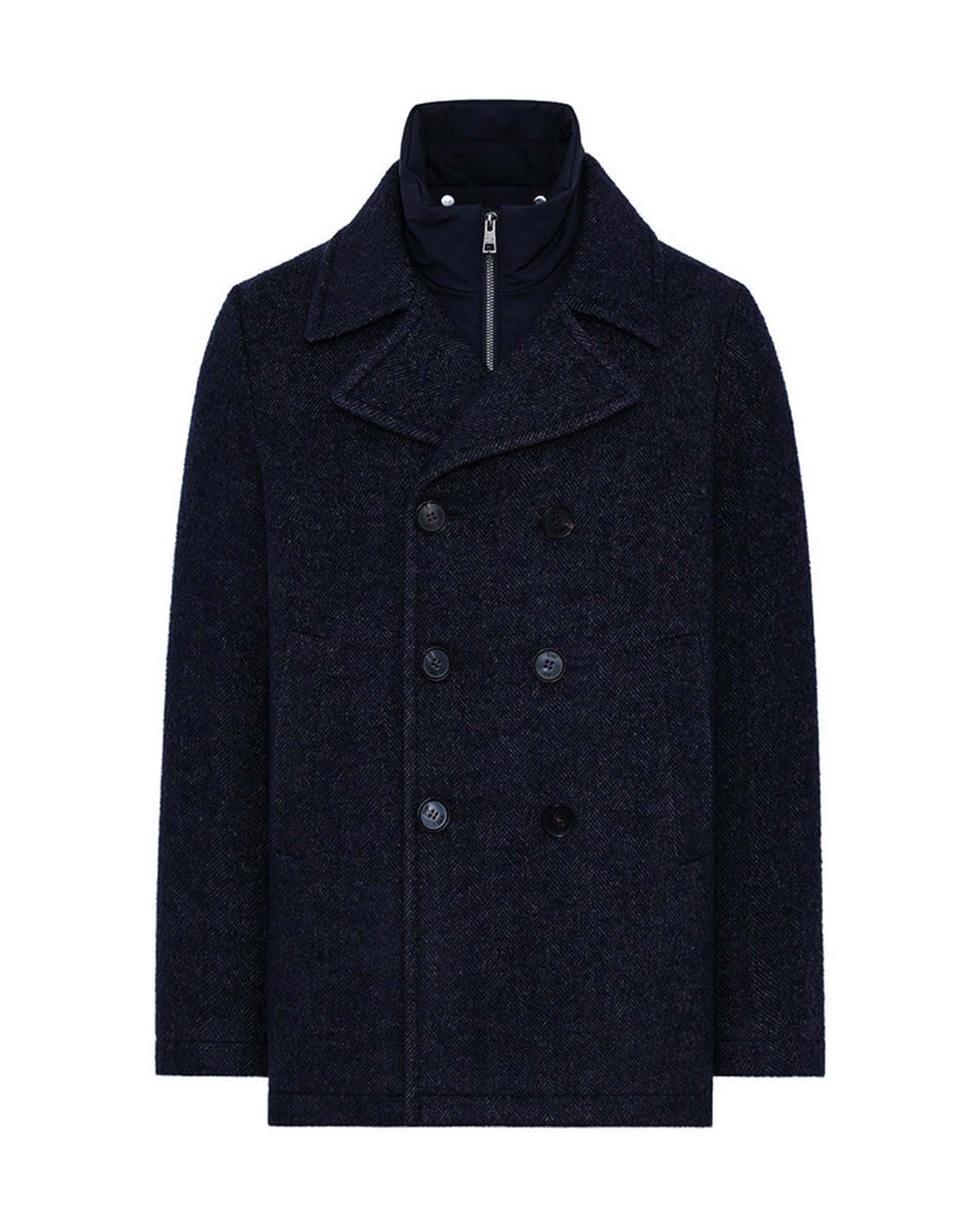 Cappotto doppiopetto Duno blu in lana spinata con pettorina in tessuto tecnico staccabile