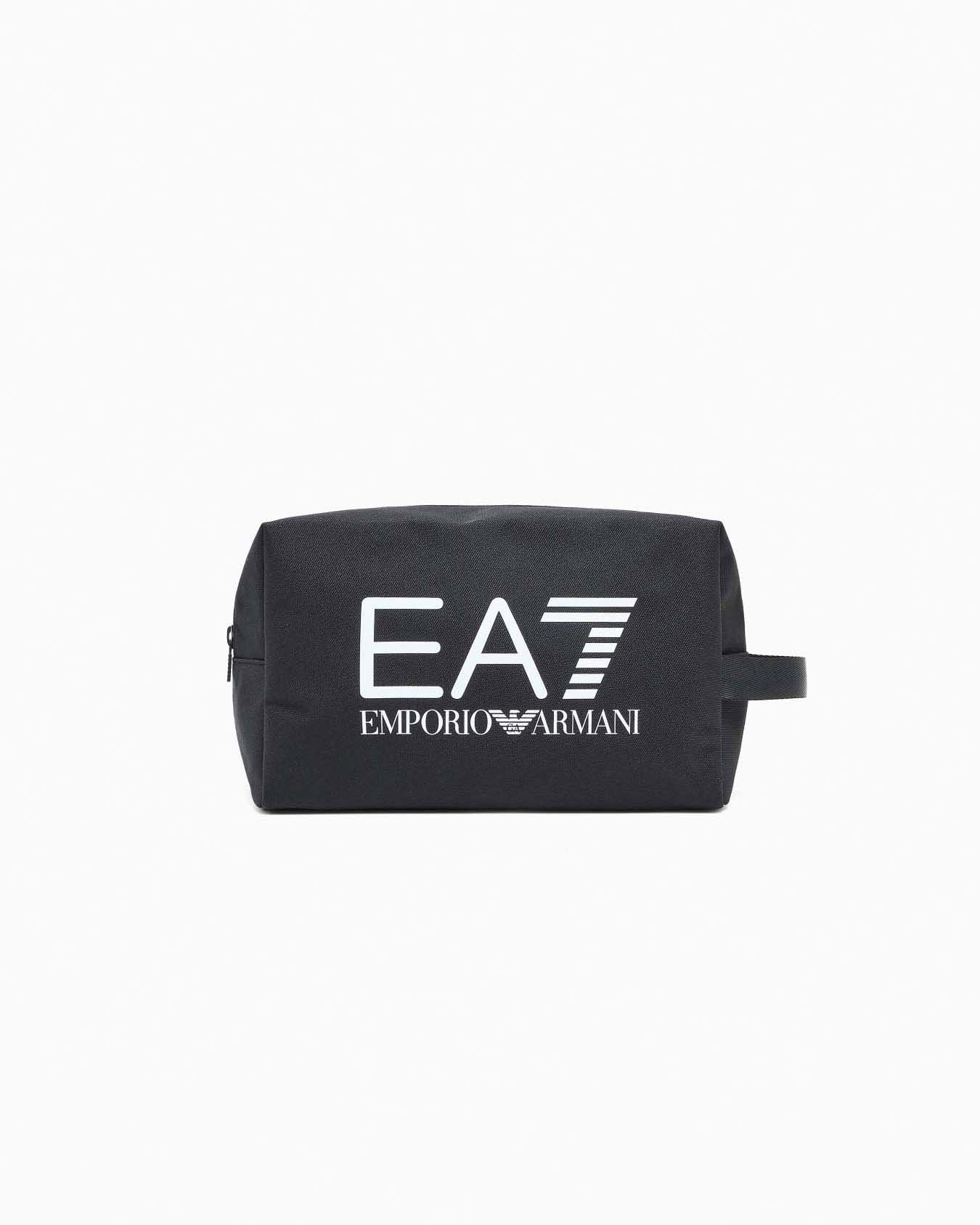 Beauty case EA7 nero in tessuto con logo stampato a contrasto