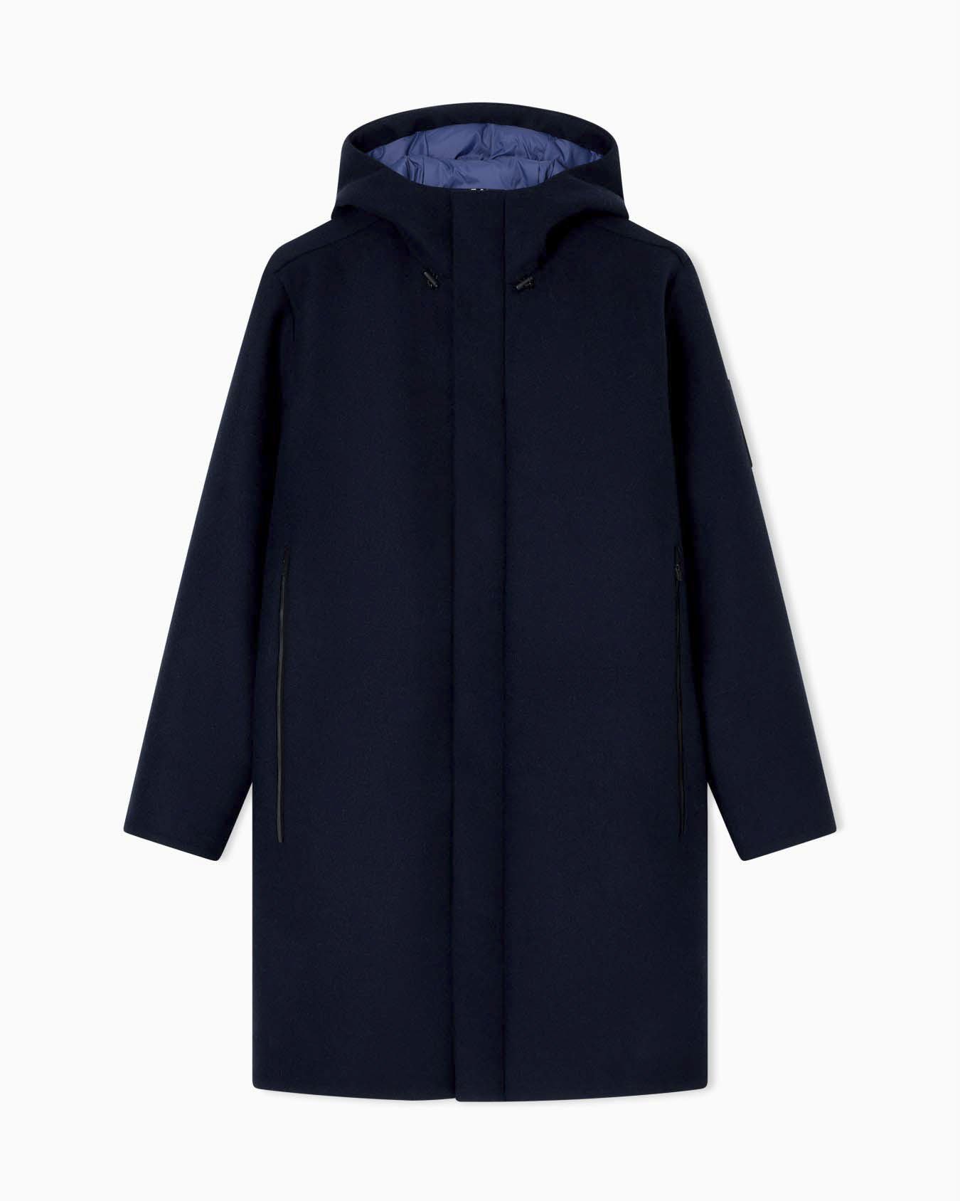 Parka EA7 blu in misto lana con cappuccio e imbottitura interna