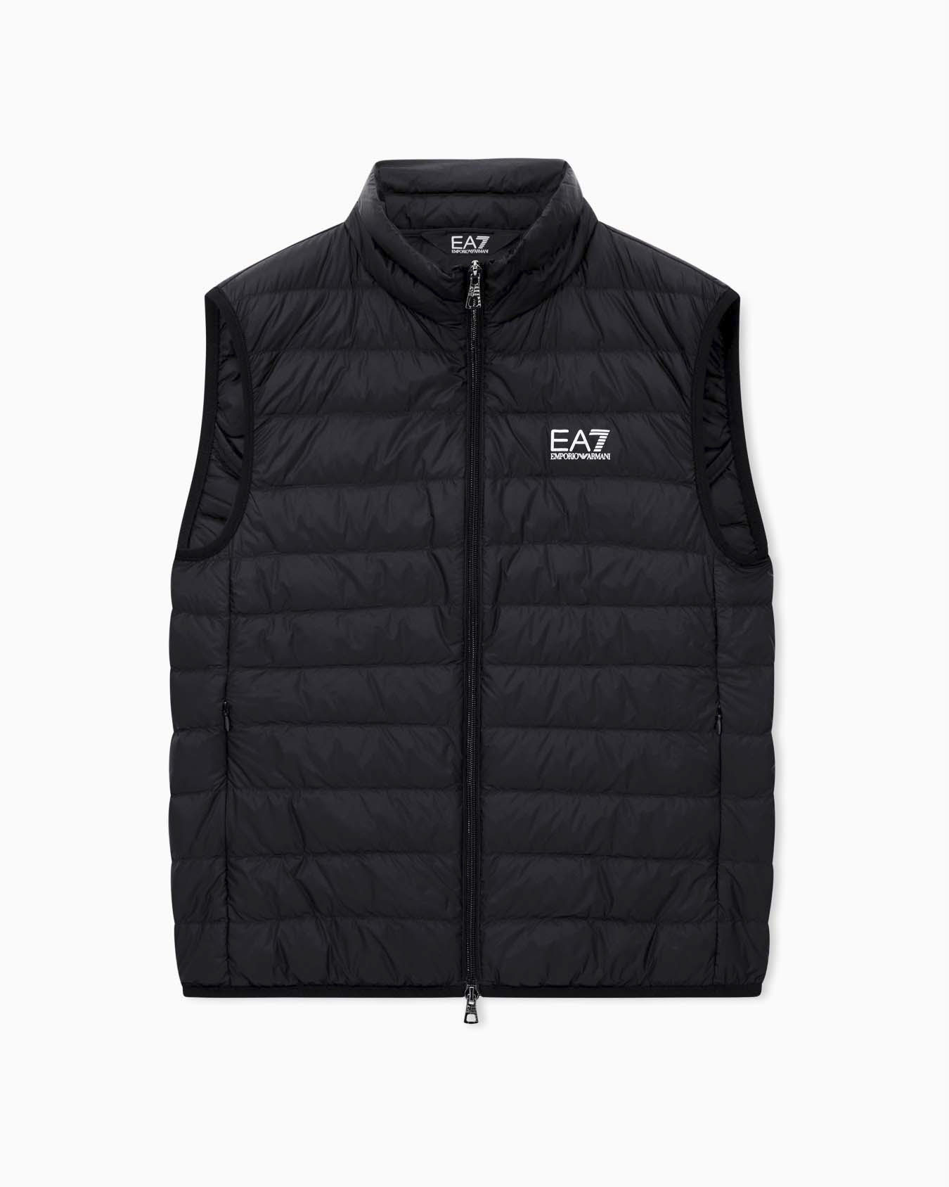 Gilet nero in nylon trapuntato con logo frontale stampato e imbottitura in piuma