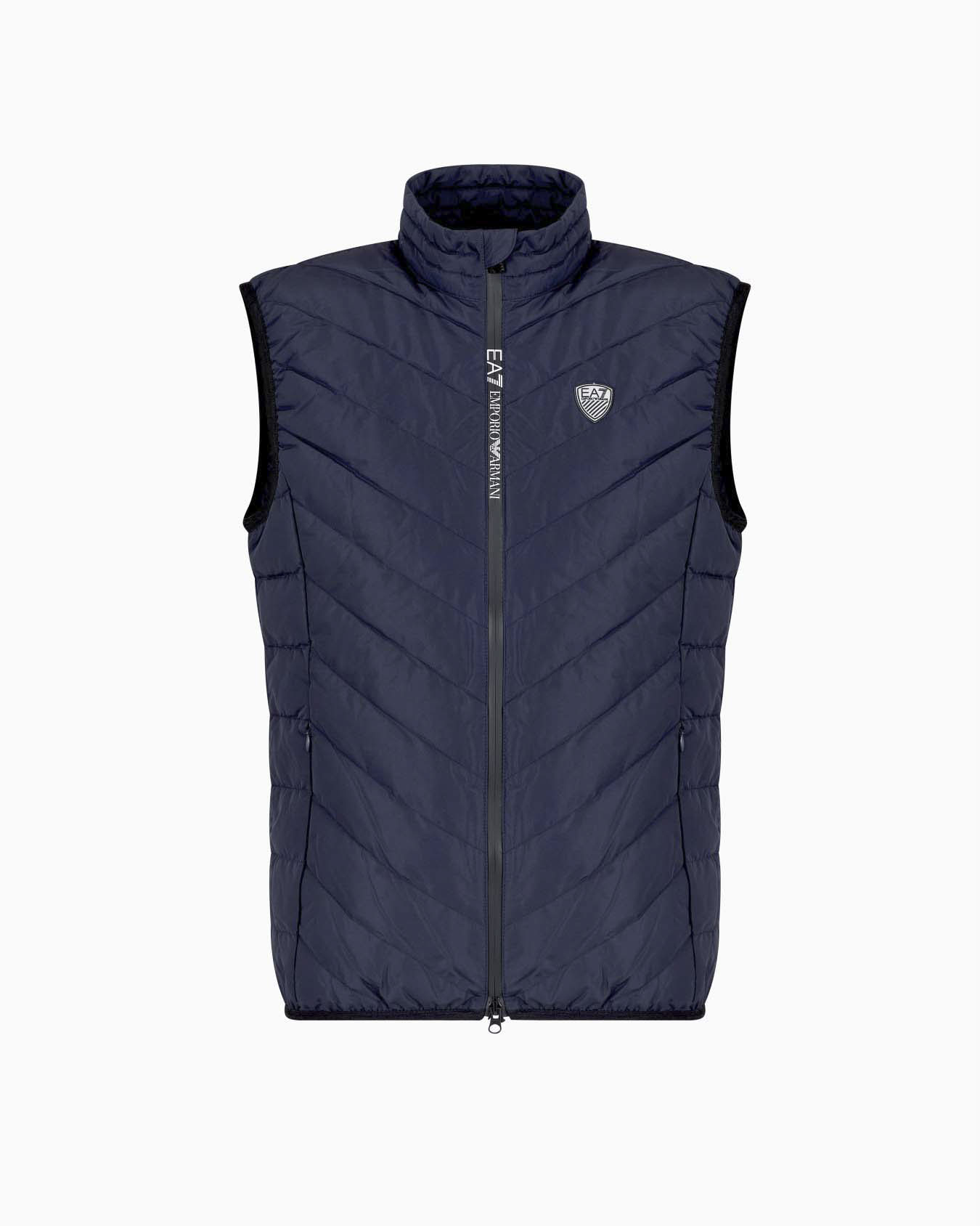 Gilet EA7 blu in piuma con logo stampato sul petto