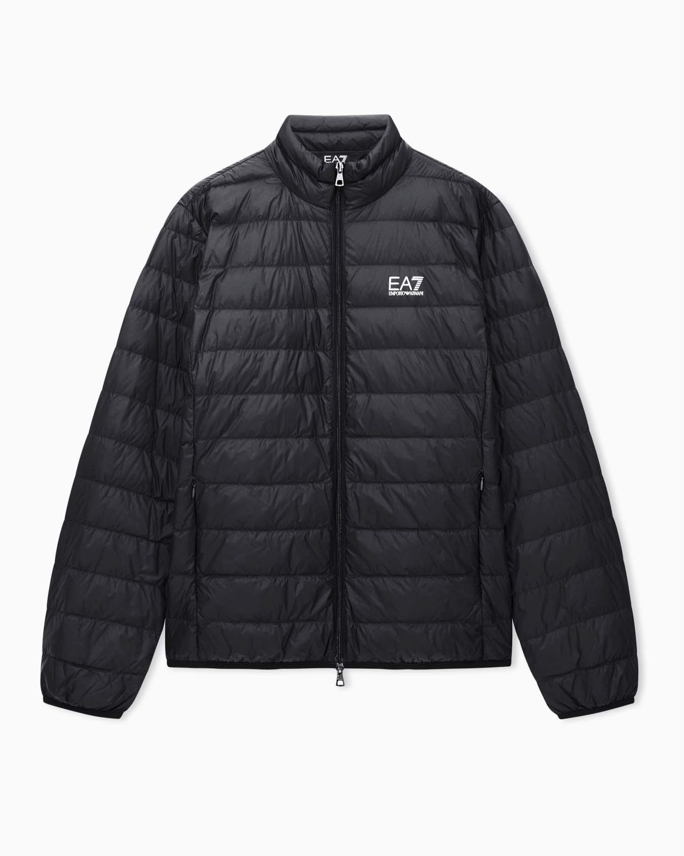Piumino senza cappuccio EA7 nero in piuma con logo stampato